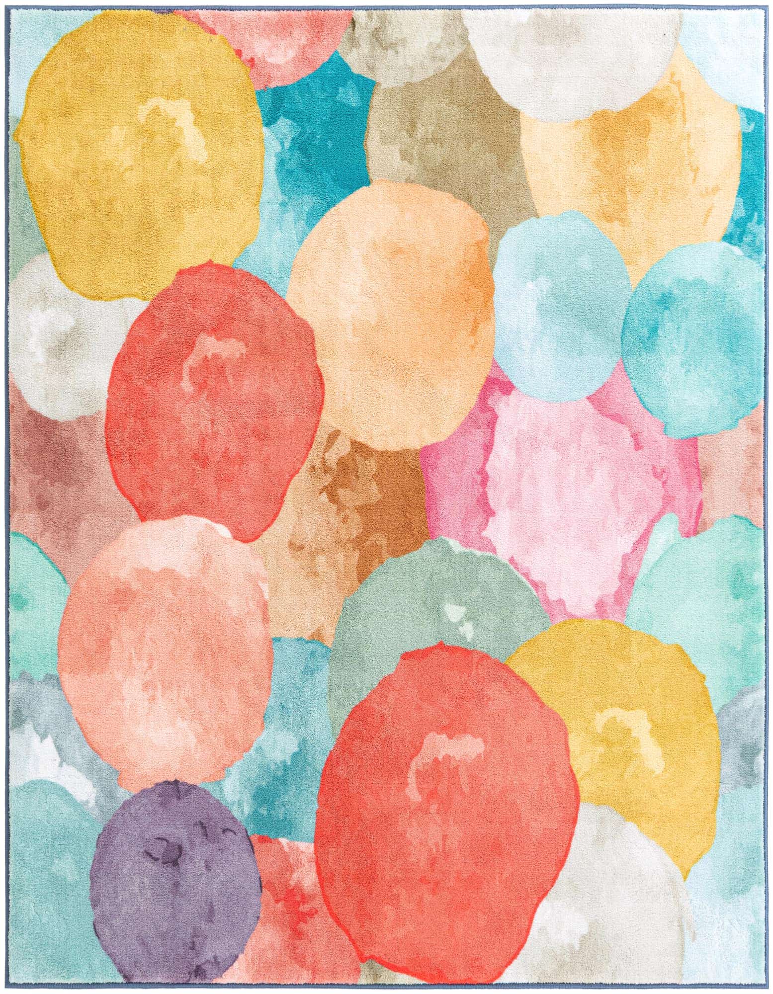 A vibrant square rug featuring an abstract pattern of overlapping watercolor-style circles in various shades of red, orange, yellow, blue, pink, and green.