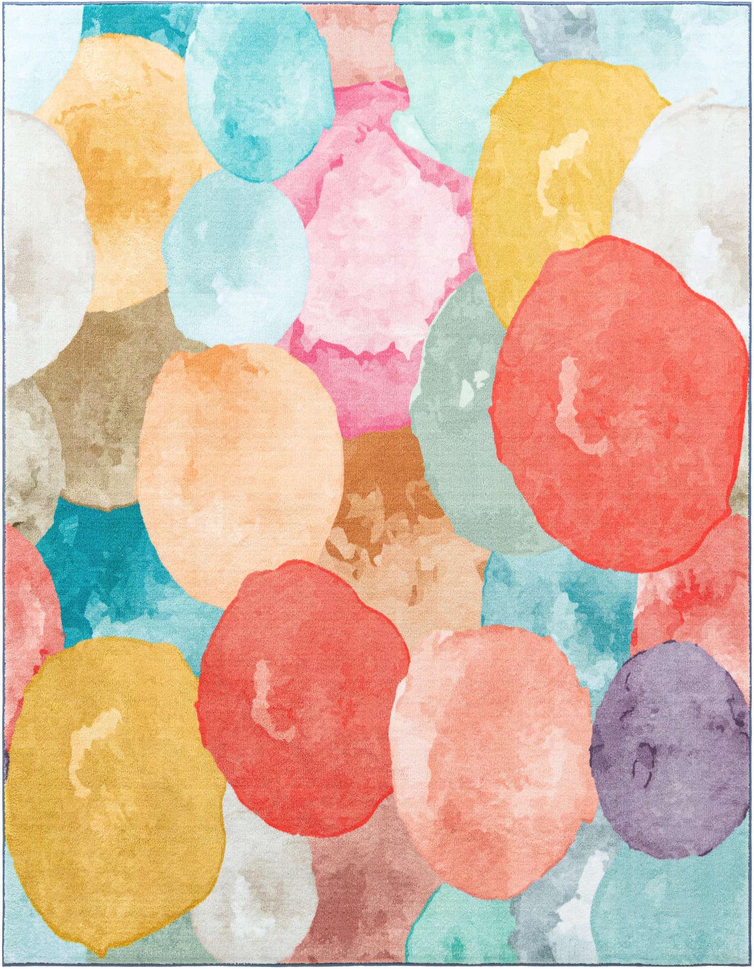 A vibrant multi-colored square rug featuring an abstract pattern of overlapping watercolor-like circles in shades of red, orange, yellow, blue, pink, and green.