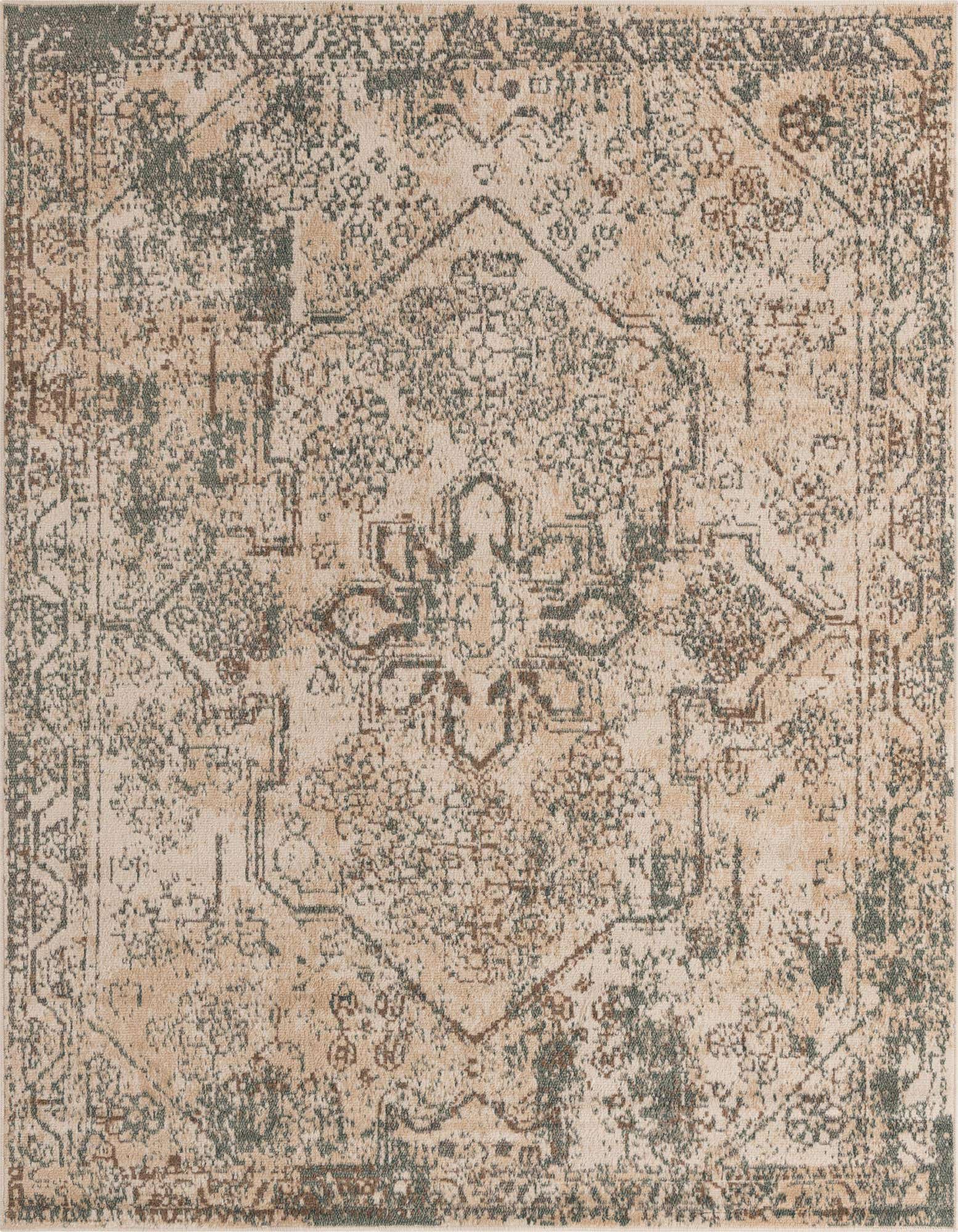 A square 8'0" x 8'0" multi-colored Bohemian rug with a distressed medallion pattern in beige, brown, and green tones.
