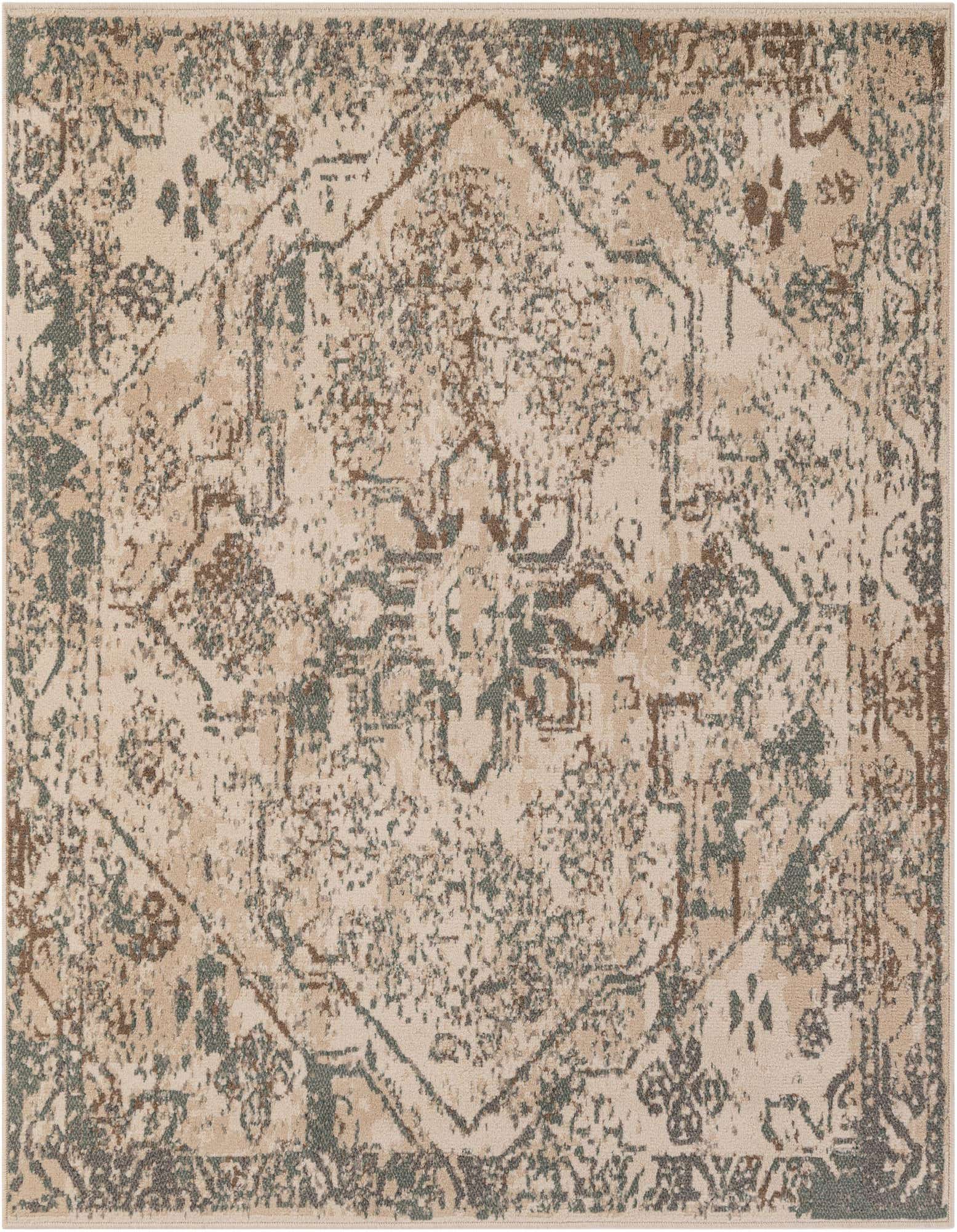 A square multi-colored rug with a distressed vintage pattern in beige, brown, and muted green tones.
