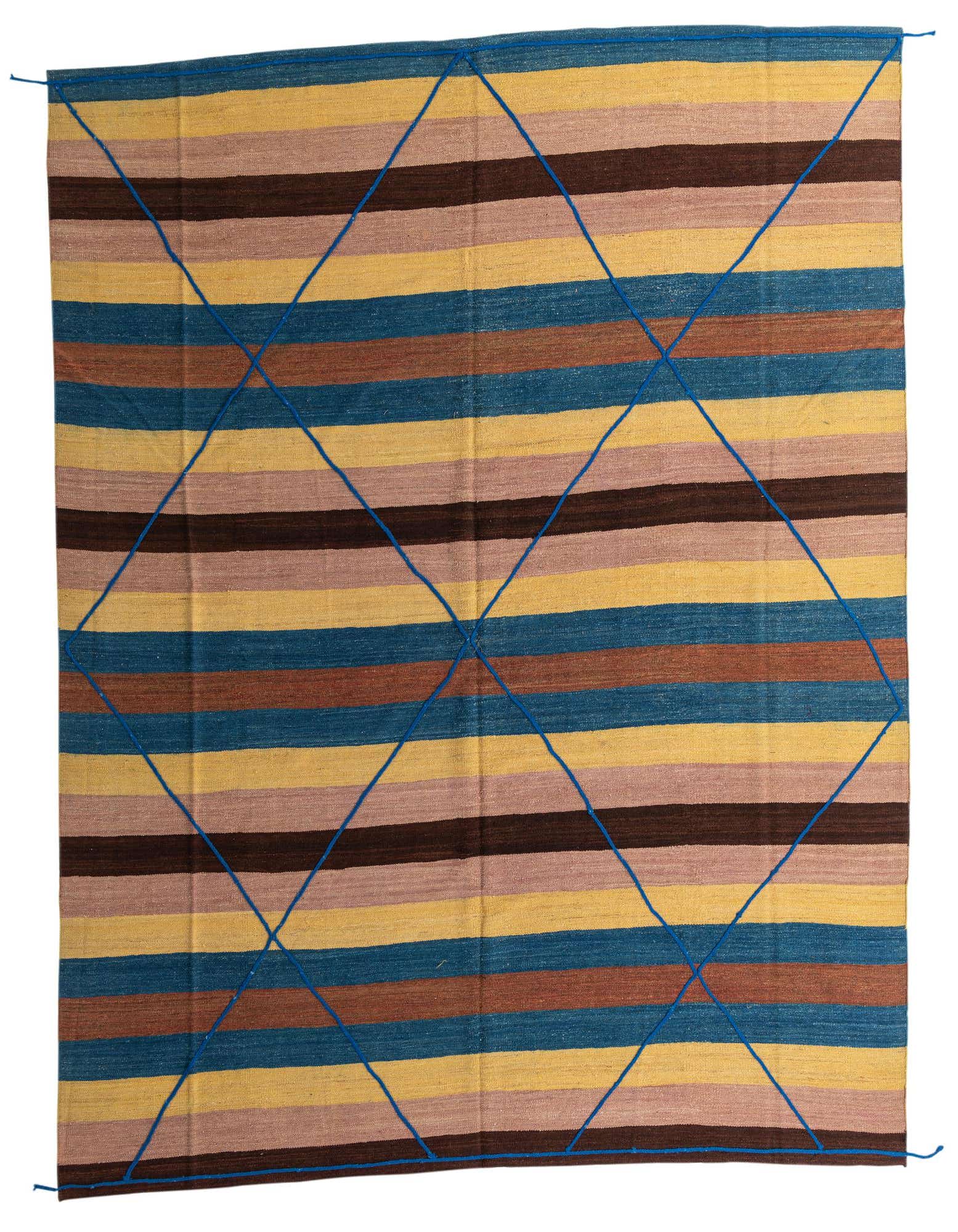 A square multi-colored wool shag rug with horizontal stripes in brown, beige, yellow, and blue, overlaid with a blue diamond grid pattern.