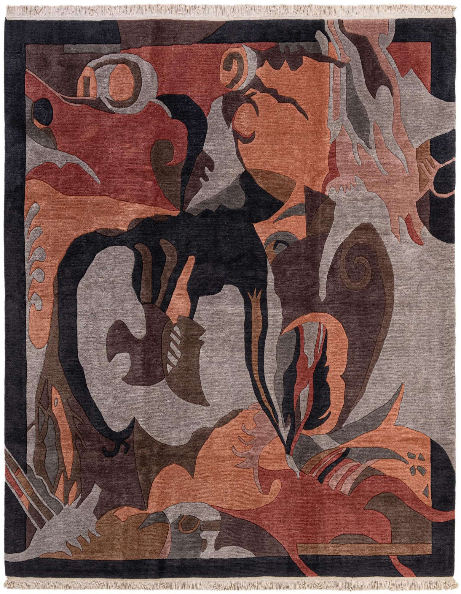 A square, multi-colored Nepal Collection wool rug with an abstract modern design in shades of black, grey, red, and orange.
