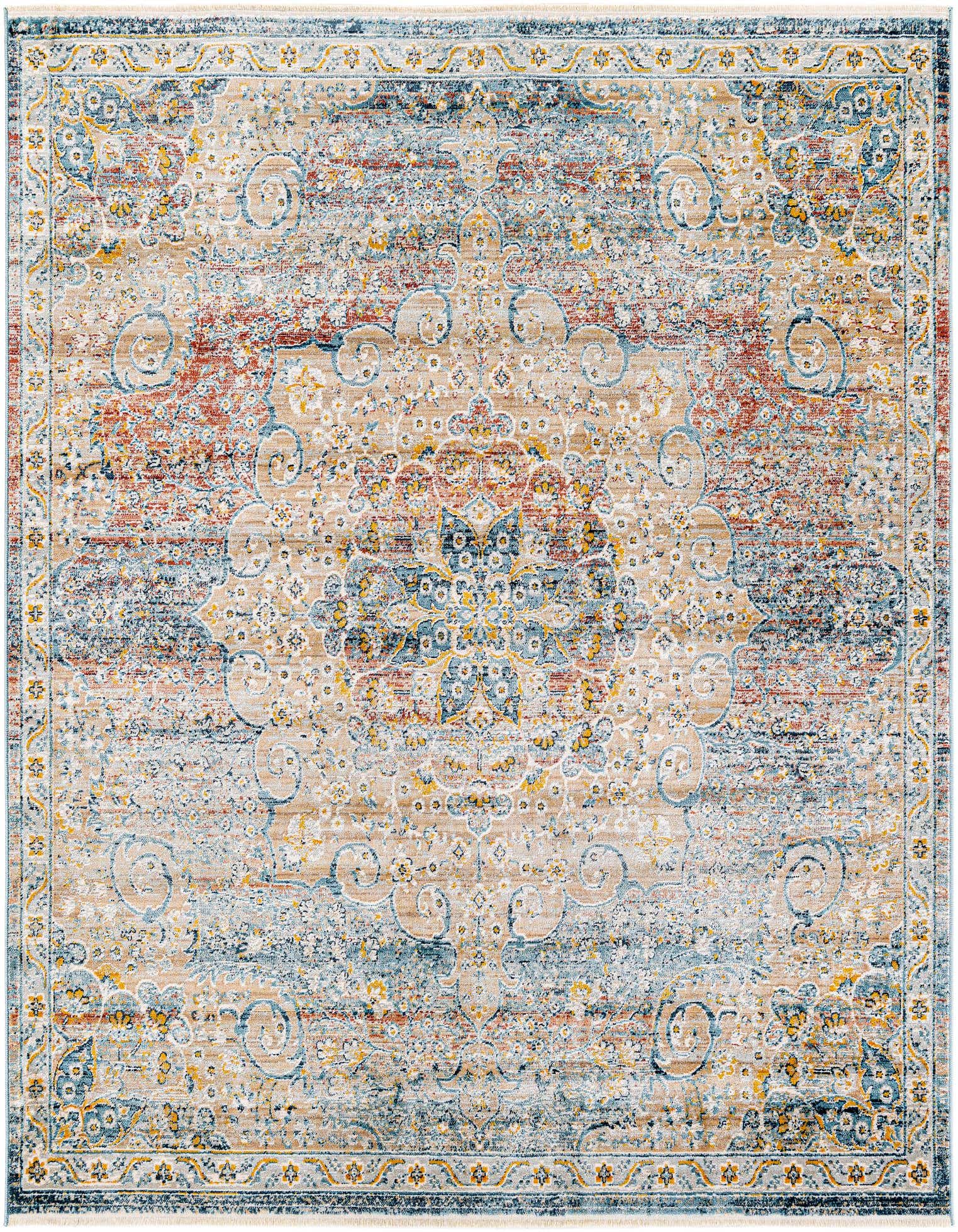A 6'x6' square multi-colored Oriental rug featuring a distressed vintage medallion pattern in blues, reds, and golds on a beige background.