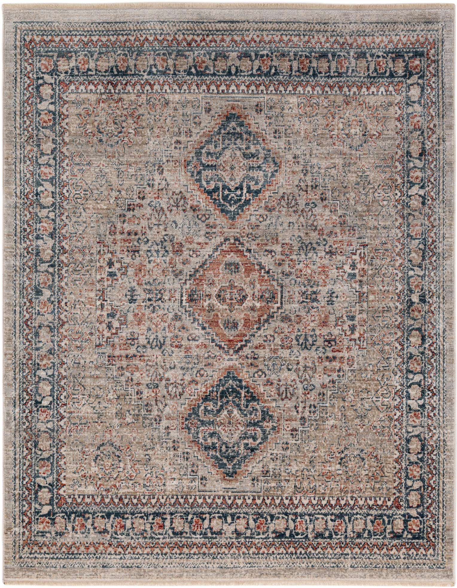 A 5' 3 x 5' 3 square multi-colored vintage area rug with a distressed Oriental pattern and intricate border.