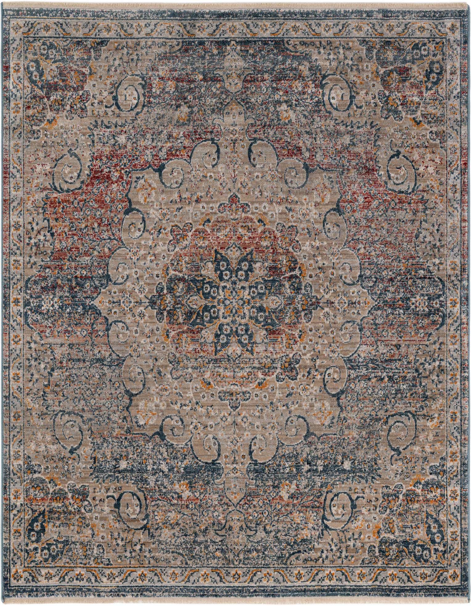 A 5' 3 x 5' 3 square multi-colored vintage Oriental rug with a distressed look, featuring a central medallion and intricate patterns in shades of blue, rust, and beige.