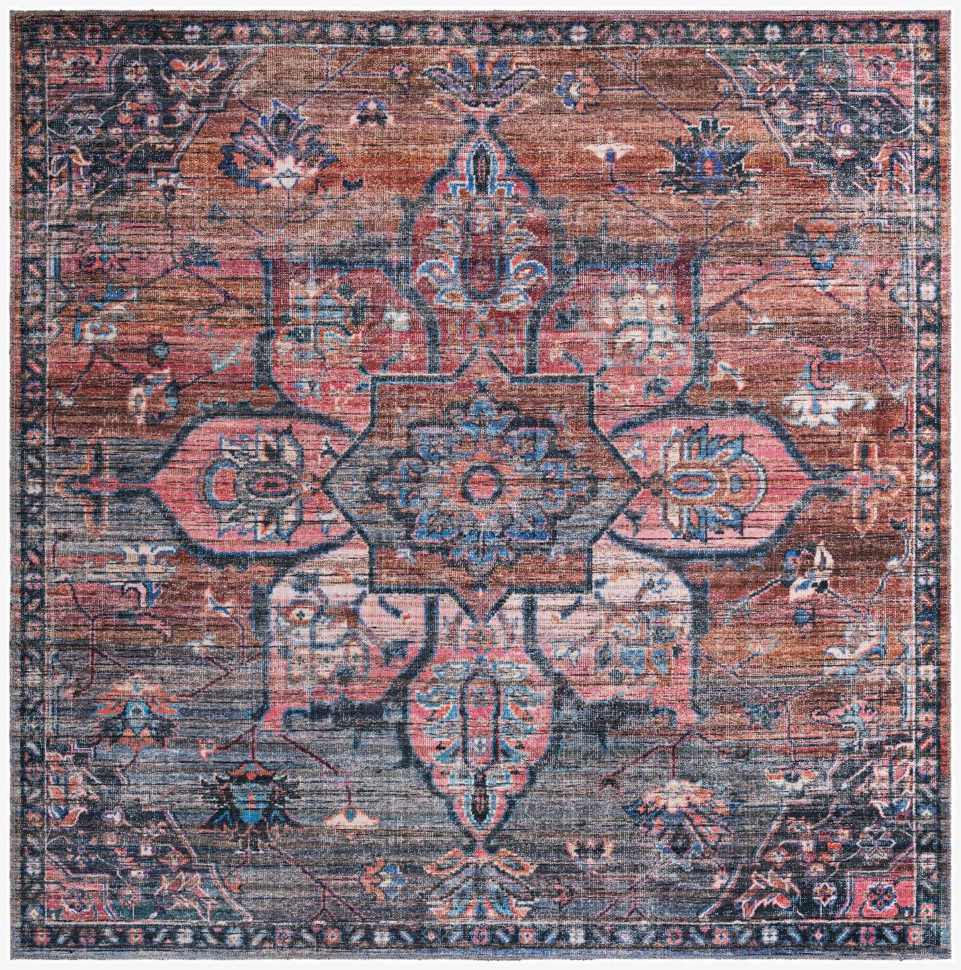 A 7' 3 x 7' 3 square multi-colored rug with a distressed traditional medallion pattern in shades of rust, blue, and black.