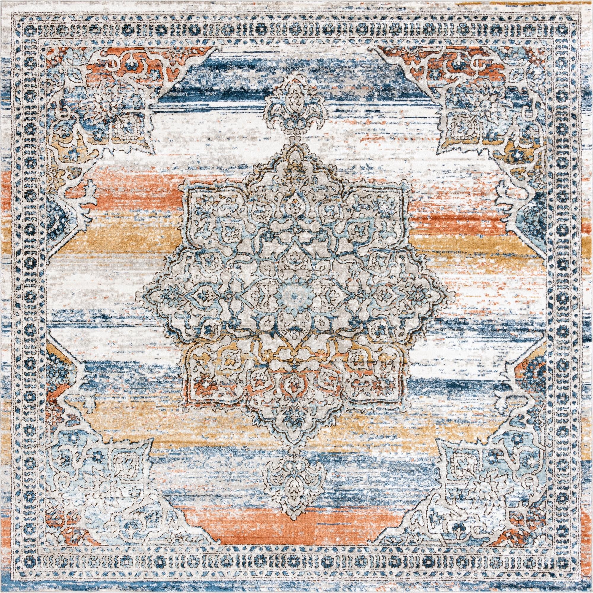 A 10' square multi-colored traditional rug with a central medallion and distressed vintage pattern in shades of blue, orange, gold, and white.