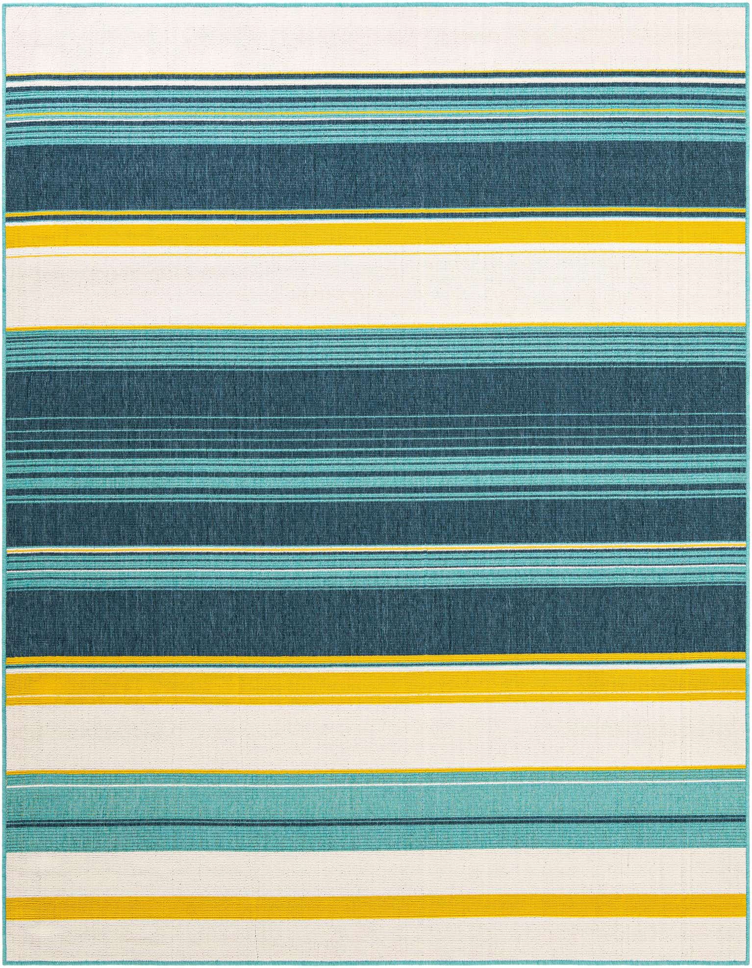 A square 7' 10 x 7' 10 Rugs.com Outdoor Border rug with modern multi-colored stripes in teal, yellow, and white, suitable for indoor/outdoor use.