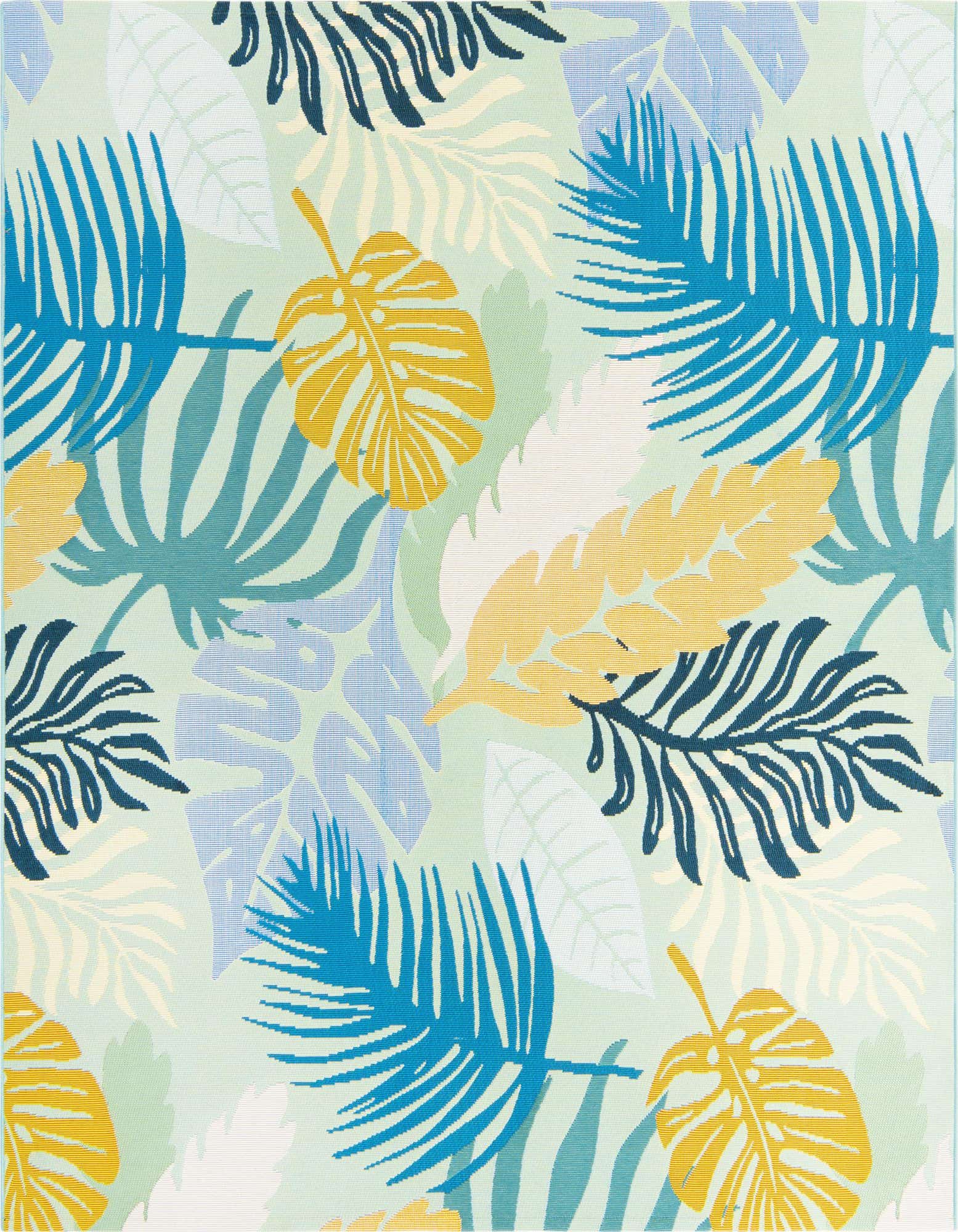 A multi-colored square rug featuring a vibrant botanical pattern with blue, yellow, and green tropical leaves on a light green background.