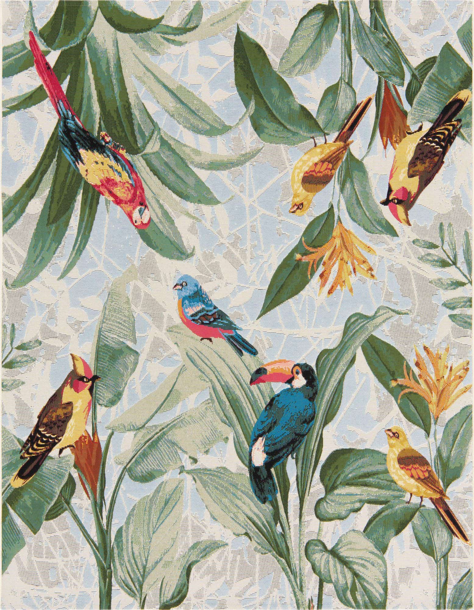 A square, multi-colored botanical rug featuring vibrant tropical birds and lush green leaves on a light blue background, ideal for a patio.