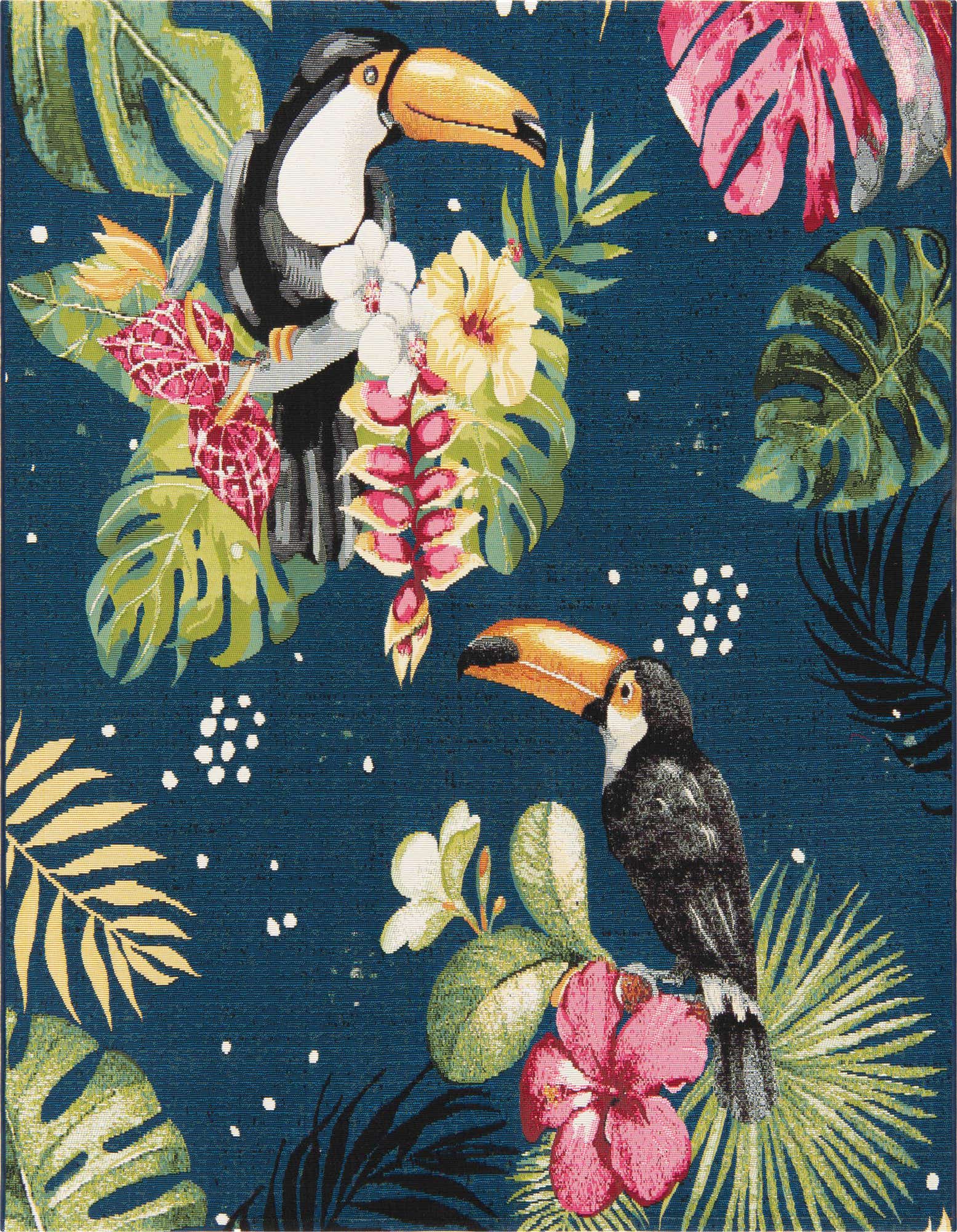 A vibrant square rug featuring two toucans amidst lush tropical foliage and bright pink, yellow, and white flowers on a deep blue background.