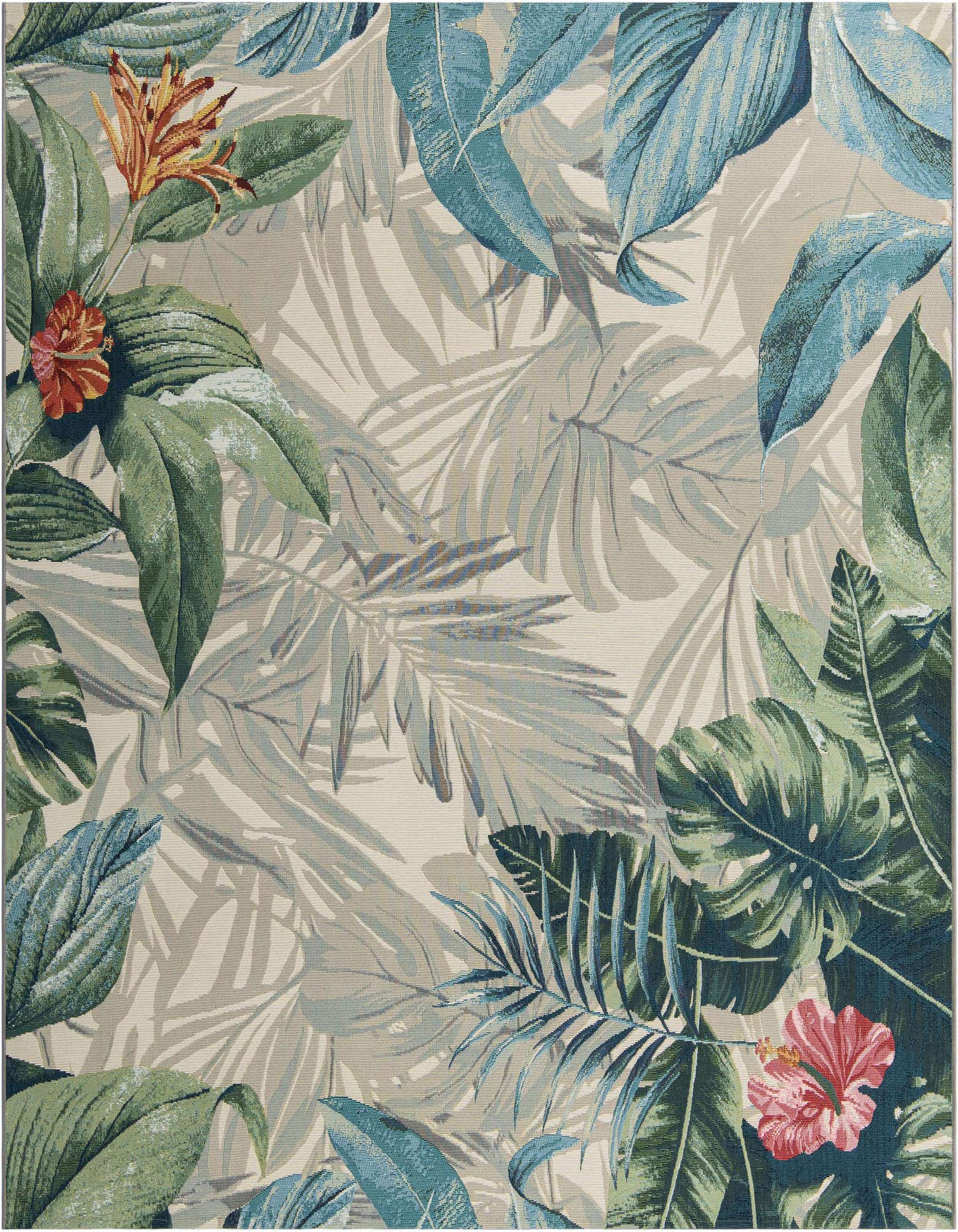 A 7' 10 x 7' 10 square multi-colored botanical rug featuring vibrant green and blue palm leaves with hints of orange and red flowers, ideal for a patio.