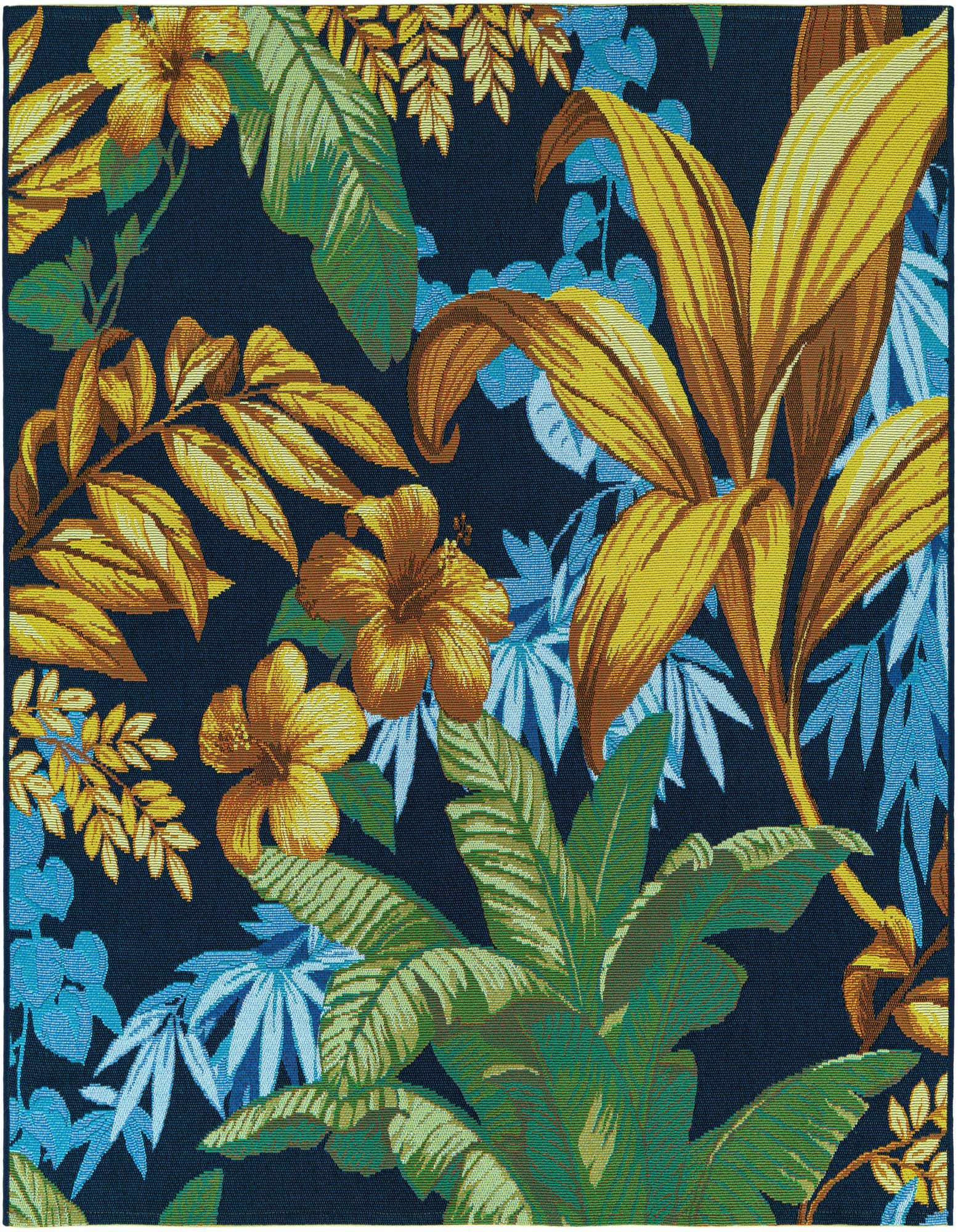 A square multi-colored botanical rug featuring large yellow and green tropical leaves and hibiscus flowers on a dark blue background, suitable for a patio.