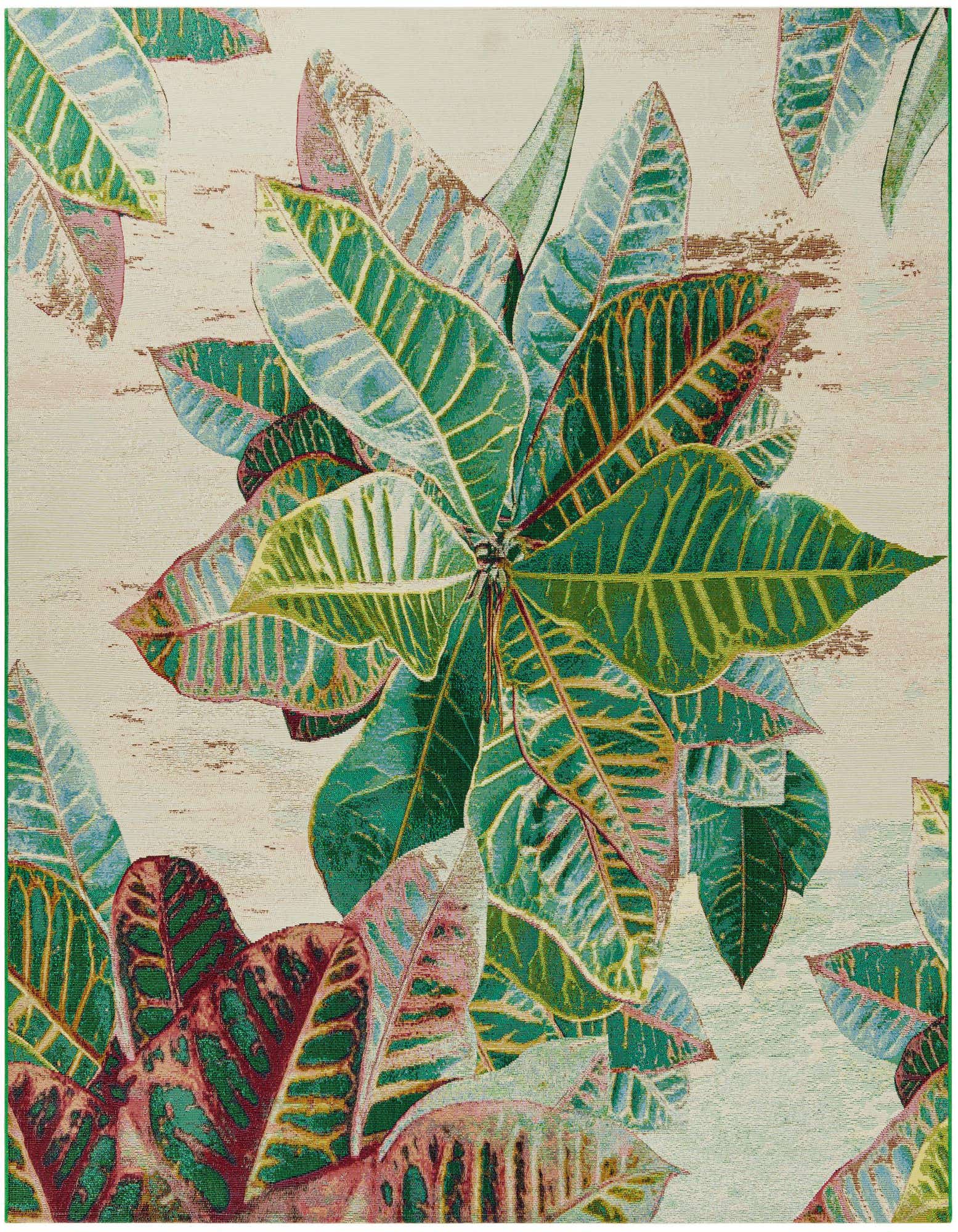 A vibrant 7' 10 x 7' 10 square rug featuring a multi-colored botanical leaf pattern on a light background, ideal for a patio.