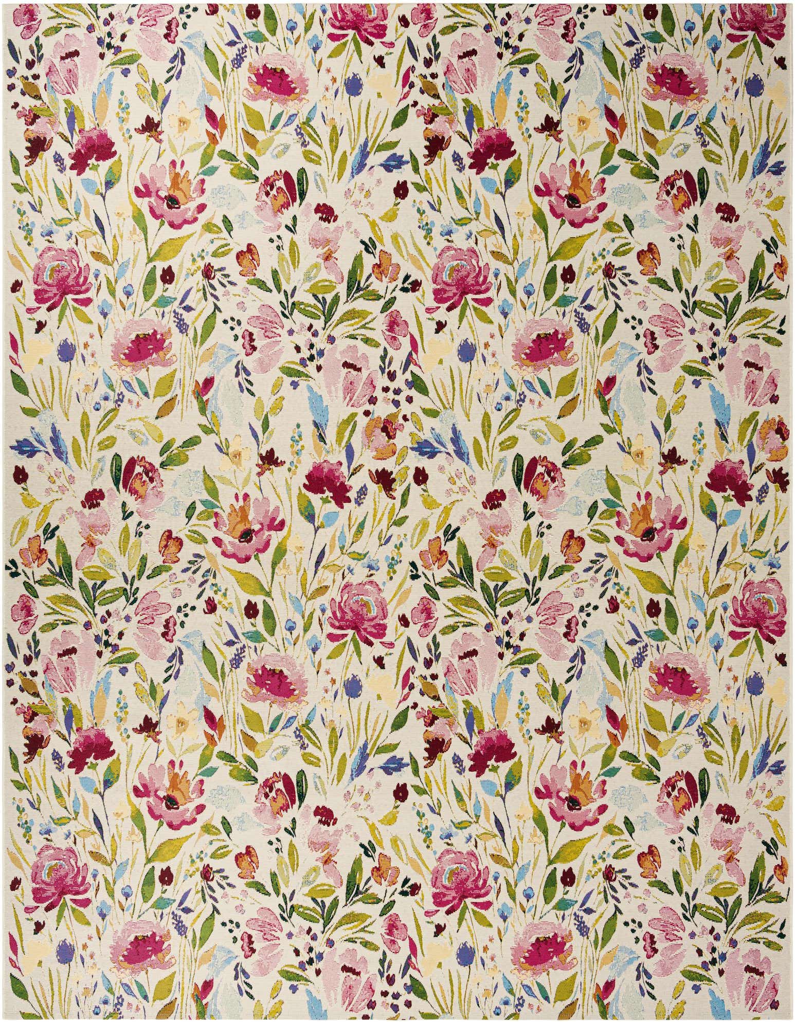 A square multi-colored botanical rug with large pink and red flowers, green leaves, and blue accents on a light background, suitable for indoor or outdoor use.
