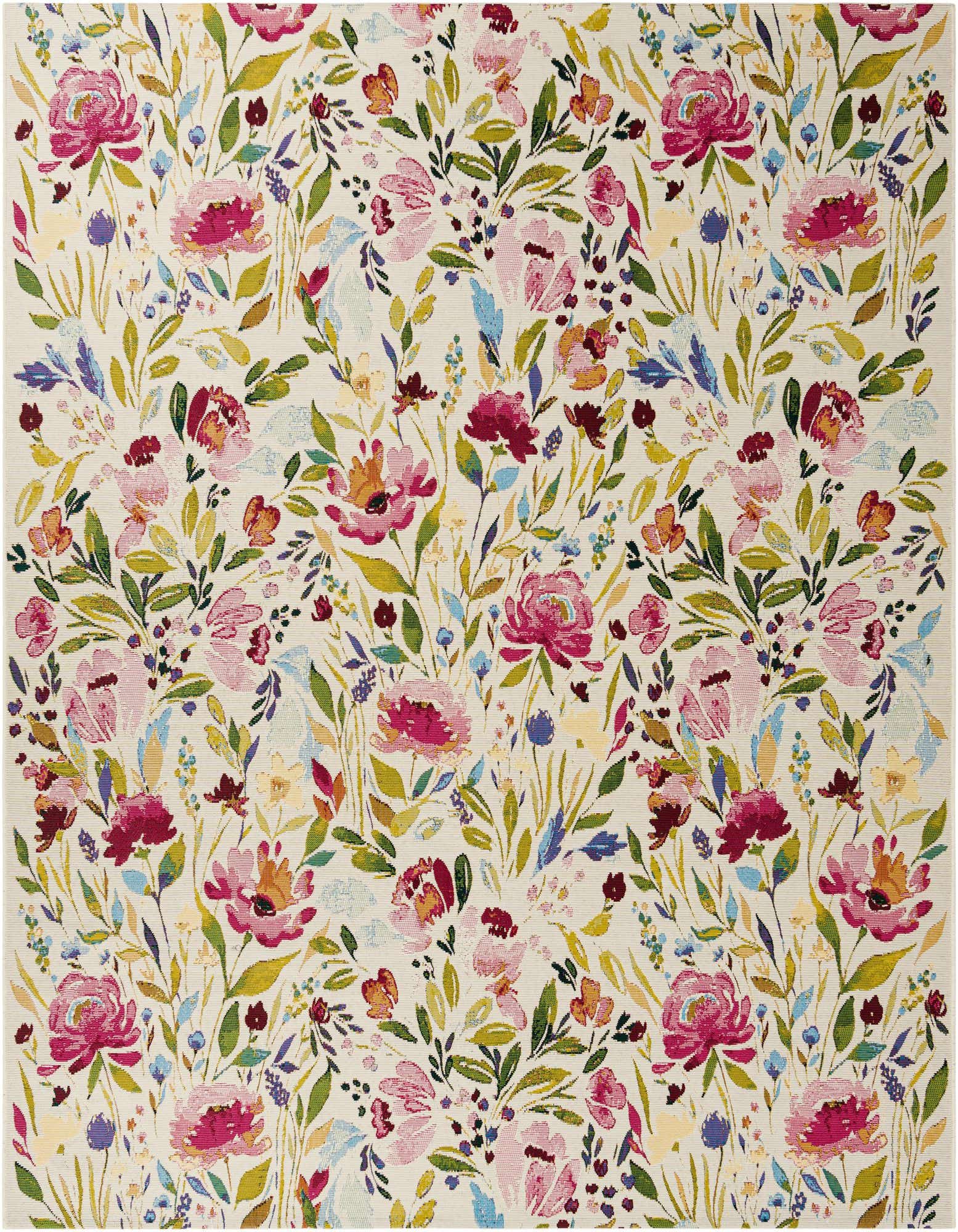 A 7' 10 x 7' 10 square multi-colored botanical rug with vibrant pink, green, and blue floral patterns on a light background, suitable for a patio.