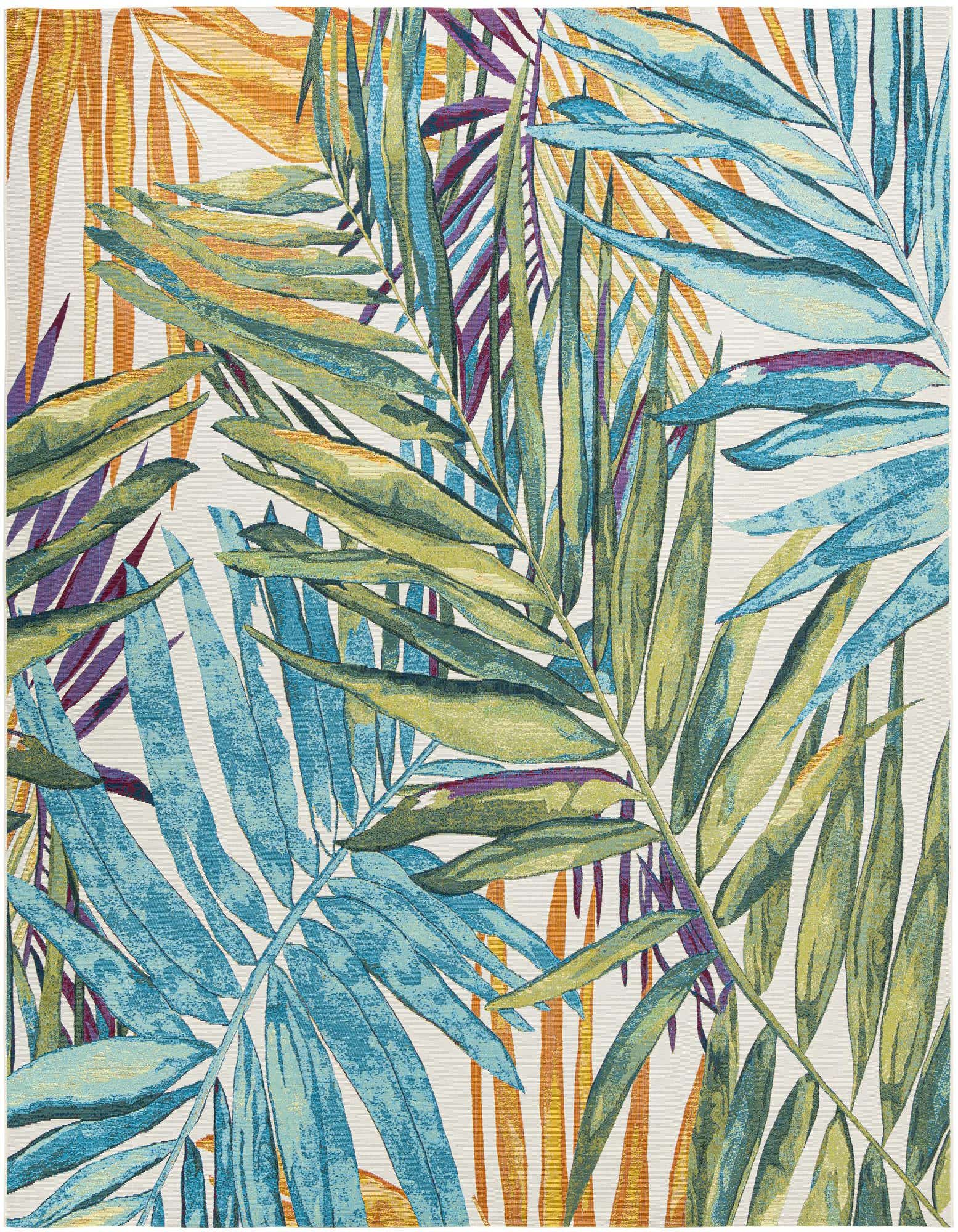 A vibrant square rug with a modern floral pattern, featuring large multi-colored palm leaves in teal, green, orange, and purple on a white background, suitable for a patio.