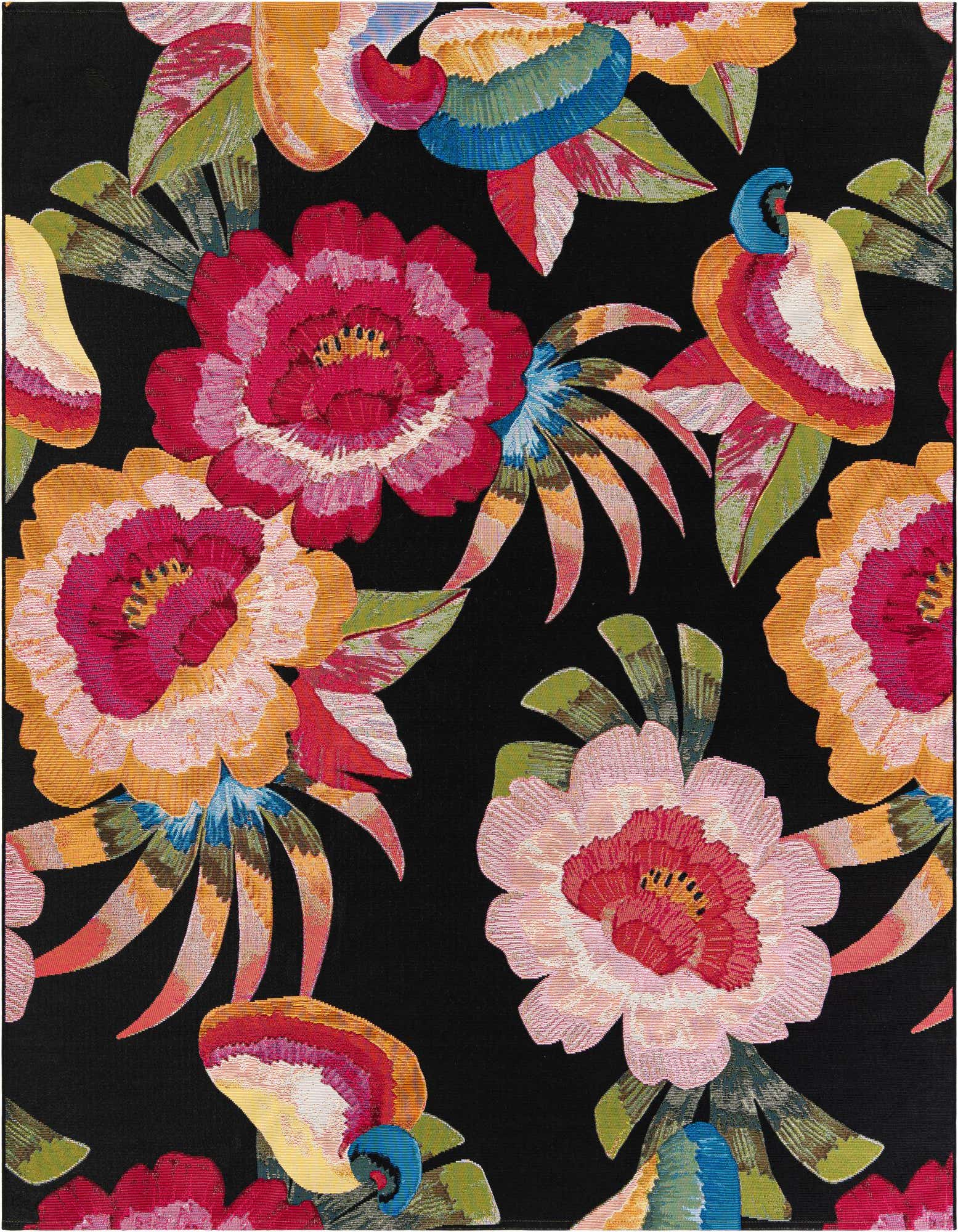 A vibrant 7' 10 x 7' 10 square rug with a multi-colored modern floral pattern on a black background, suitable for a patio.