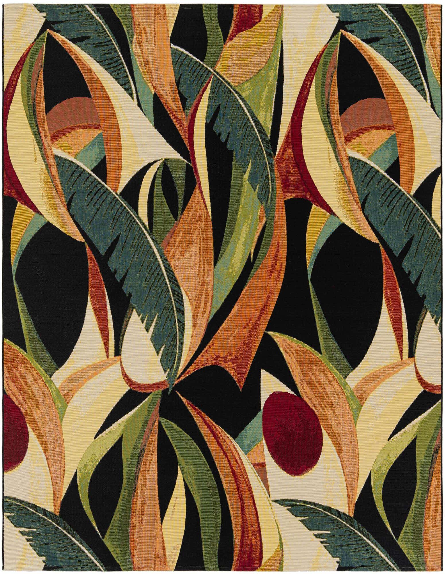 A square multi-colored rug with a modern floral pattern of large, overlapping tropical leaves in shades of green, orange, yellow, and red on a black background.