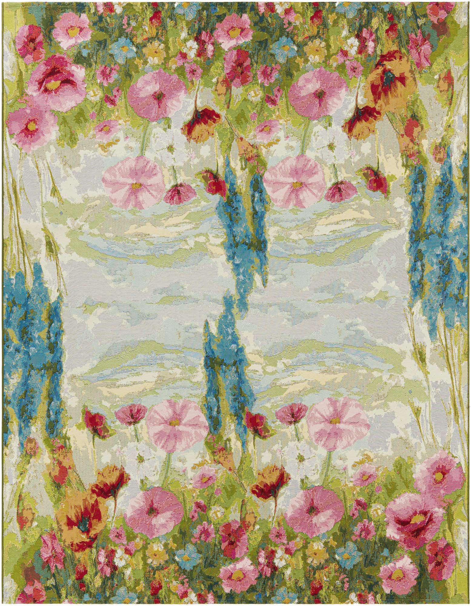 A vibrant 8'x8' square multi-colored floral rug featuring pink poppies, blue delphiniums, and green foliage on a light background, suitable for a patio.