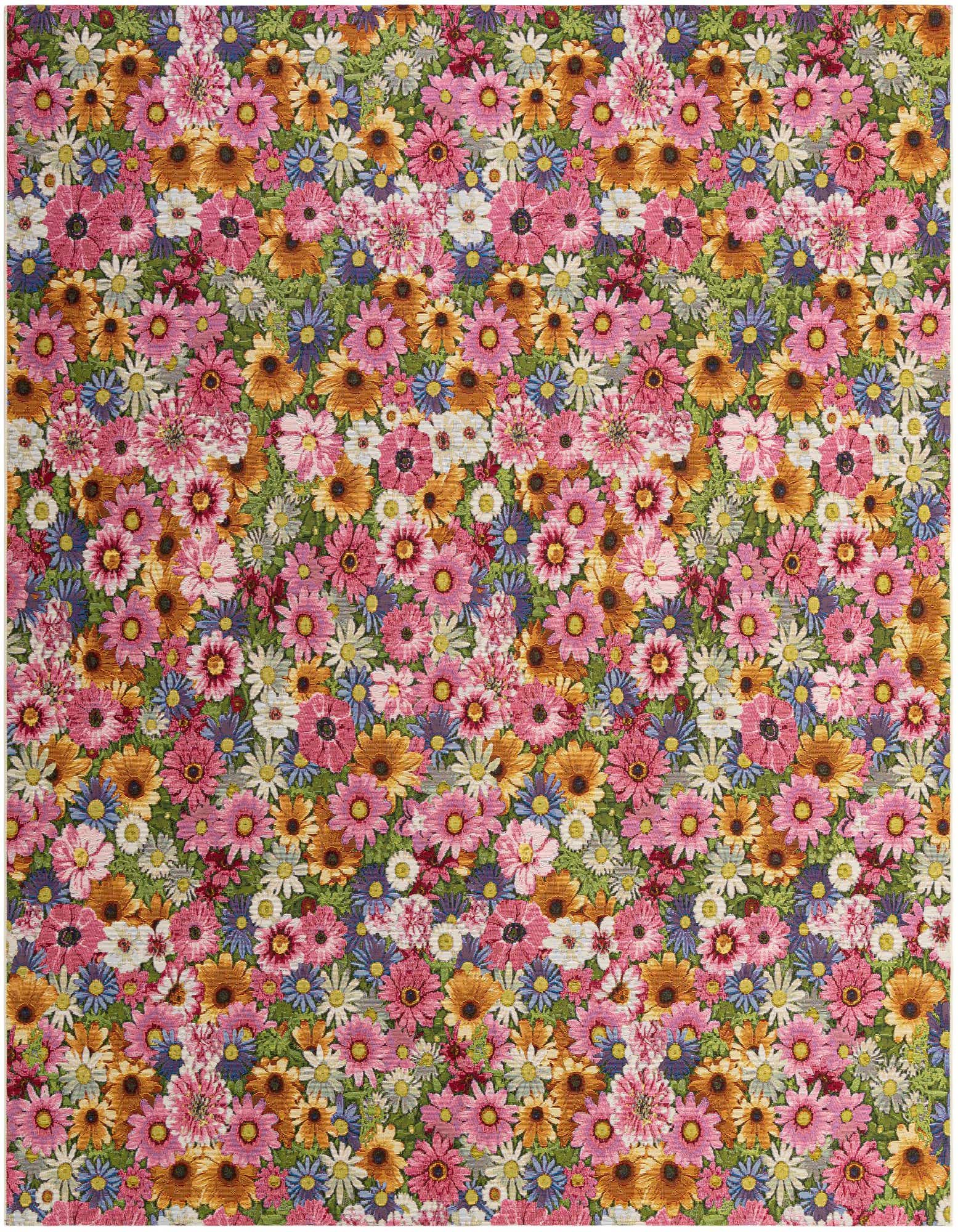 A vibrant 10' square rug featuring a dense, multi-colored floral pattern with pink, orange, blue, and white flowers on a green background, suitable for a patio.