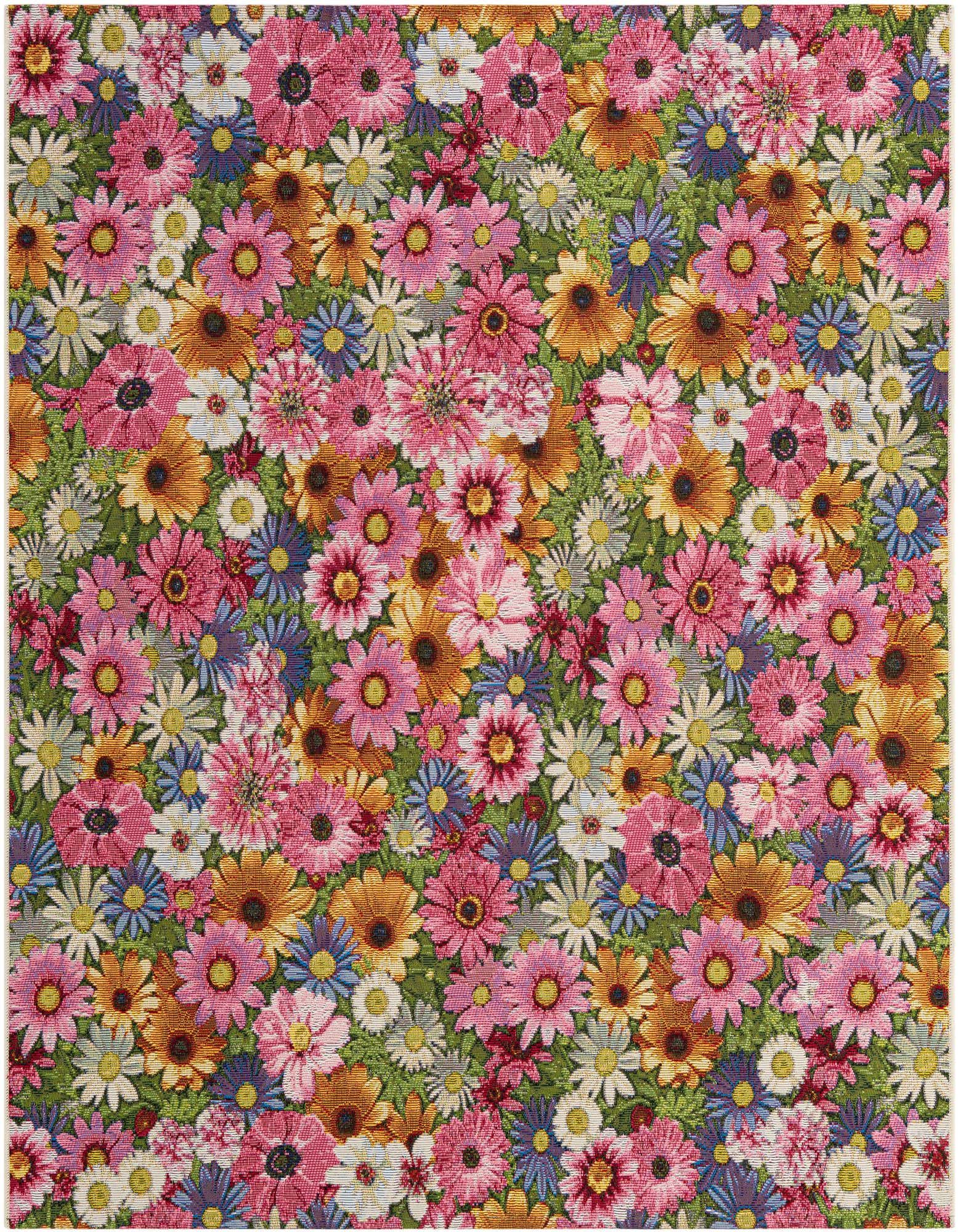 A vibrant 5'3" x 5'3" square rug features a dense, multi-colored floral pattern with pink, orange, blue, and white flowers on a green background.