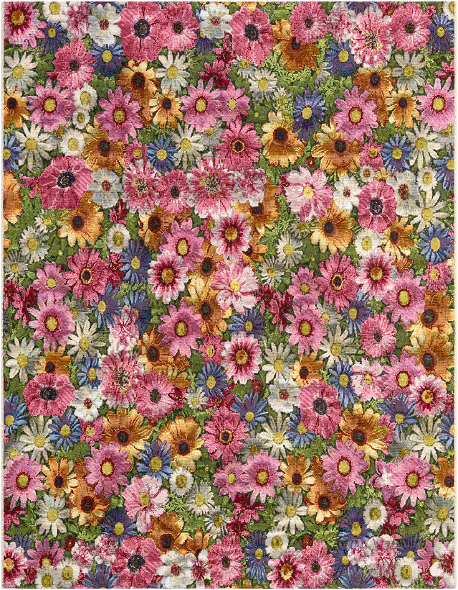 A vibrant 6'x6' square multi-colored floral rug with a modern pattern, ideal for a patio or indoor space.
