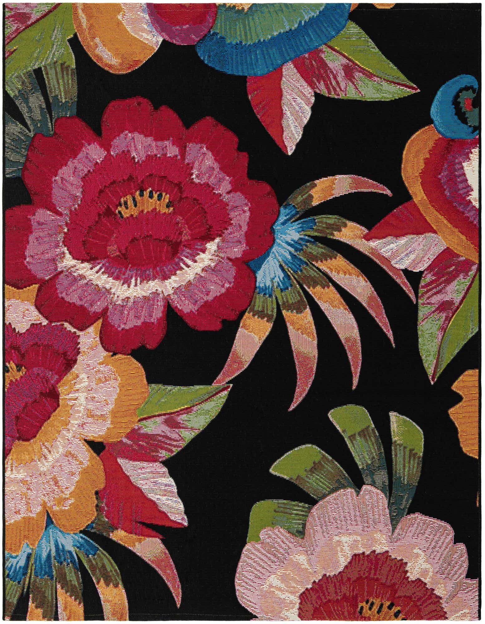 A close-up of a square Rugs.com Outdoor Botanical rug featuring vibrant multi-colored floral patterns on a black background.