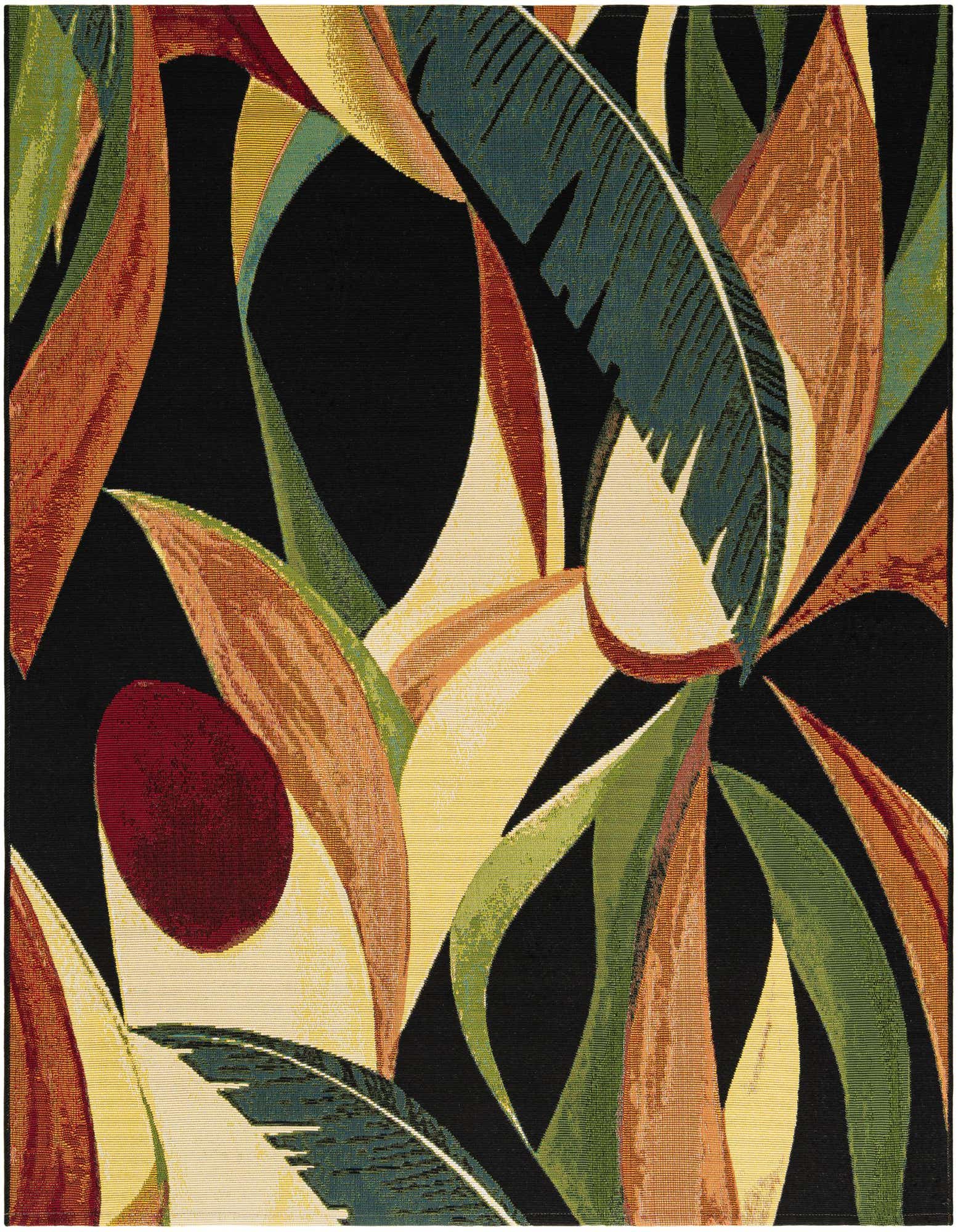 A vibrant 5' 3 x 5' 3 square rug with a modern floral pattern, featuring large multi-colored leaves in shades of green, yellow, orange, and red on a black background, suitable for a patio.