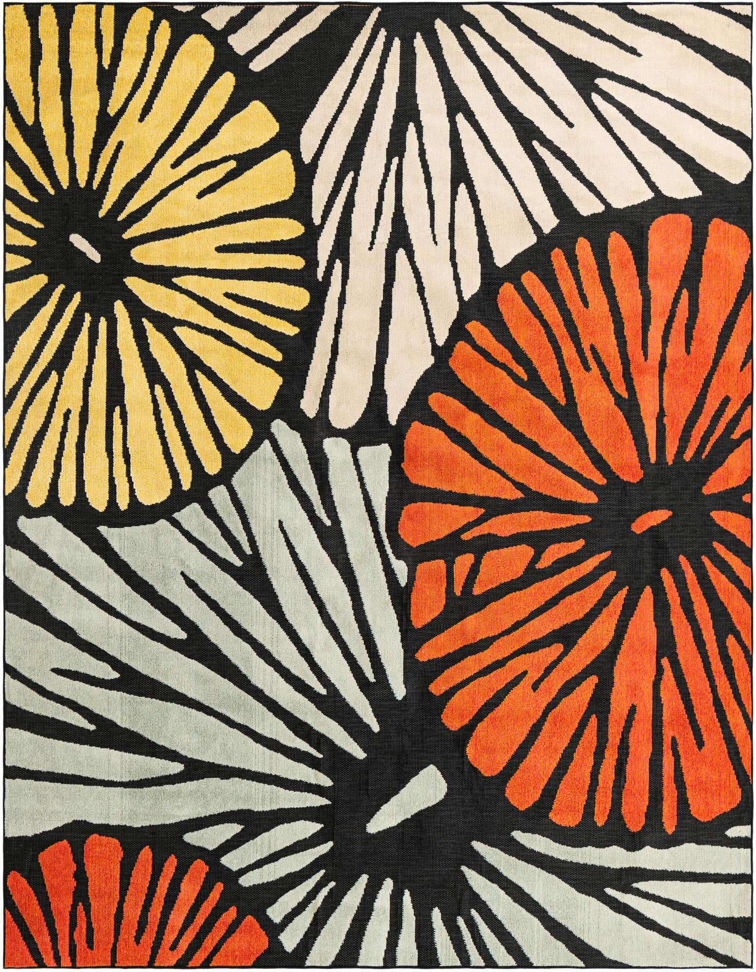 A 10' 0 x 10' 0 square multi-colored modern outdoor rug with large, abstract floral patterns in yellow, orange, cream, and light gray on a black background.