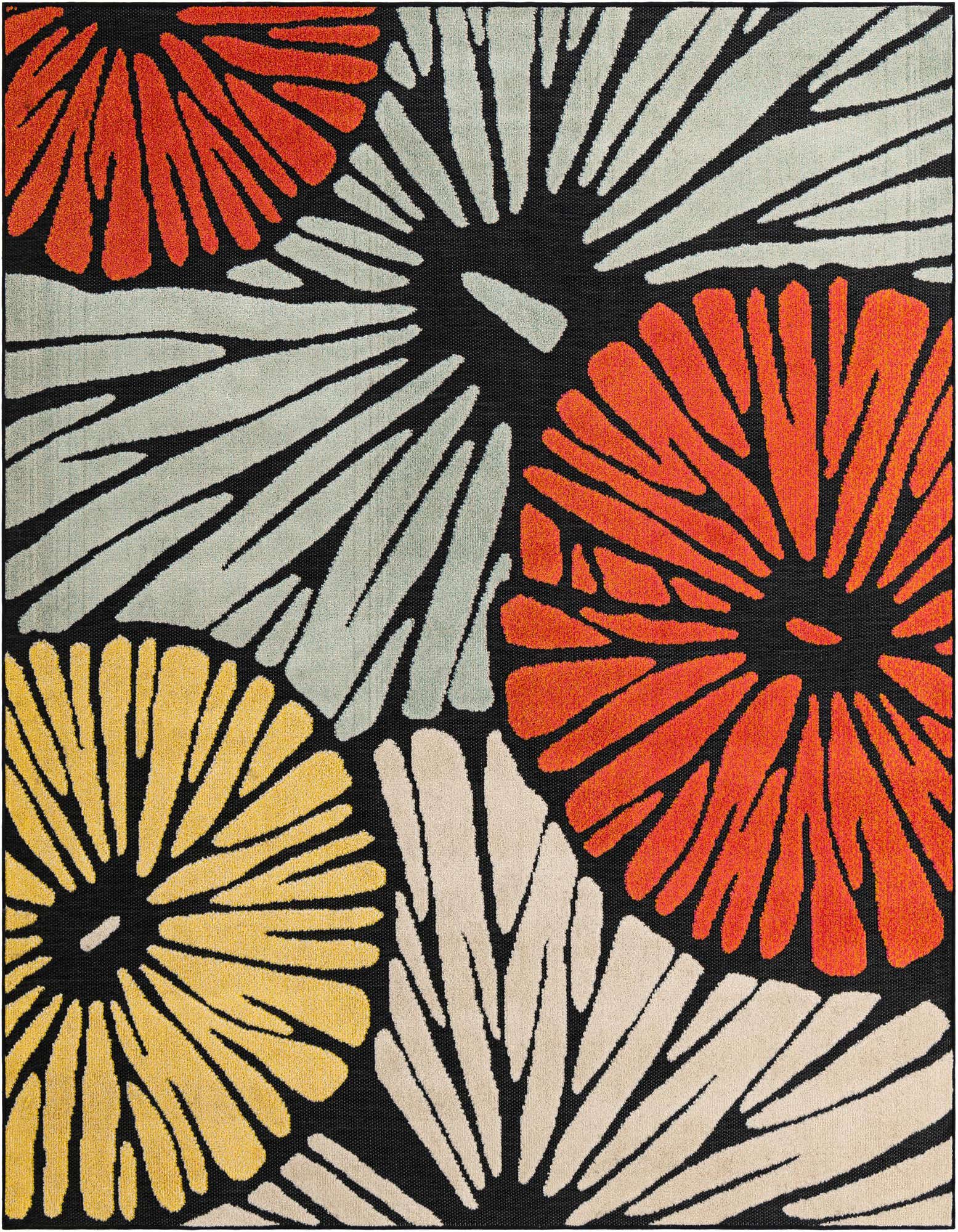 A vibrant 7' 10 x 7' 10 square rug with a modern floral pattern in shades of orange, yellow, light blue, and cream on a black background, suitable for indoor or outdoor use.