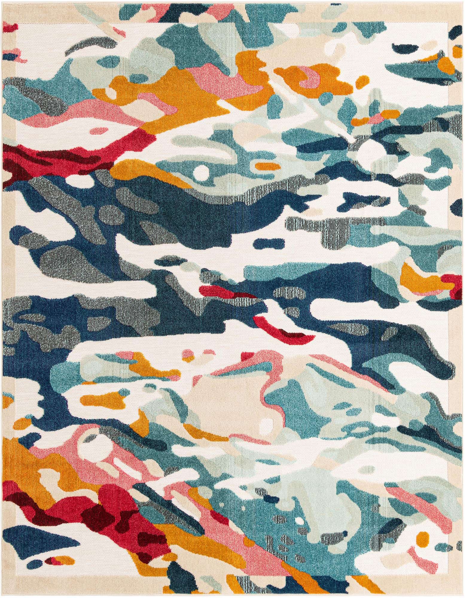 A 7' 10 x 7' 10 square multi-colored modern rug with an abstract pattern, suitable for indoor or outdoor use.