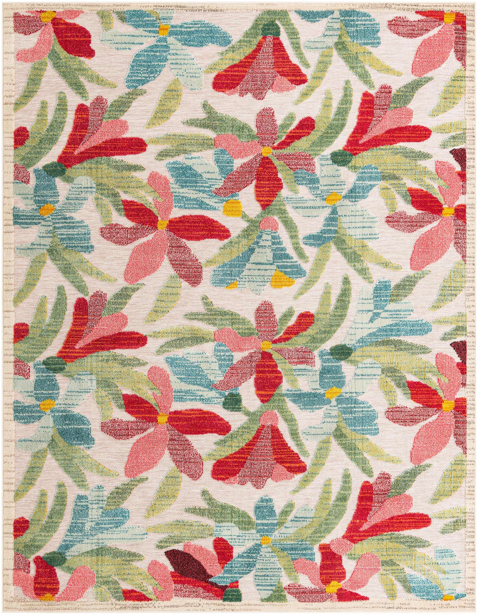A square multi-colored modern rug with a vibrant floral pattern featuring red, pink, and blue flowers with green leaves on a light background, suitable for a patio.