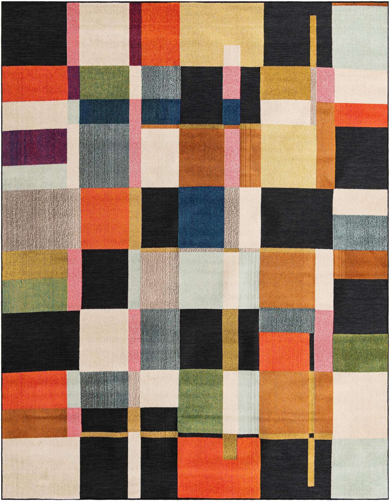 A 10'x10' square multi-colored modern rug with a geometric block pattern in black, orange, blue, green, pink, and cream, suitable for indoor/outdoor use.