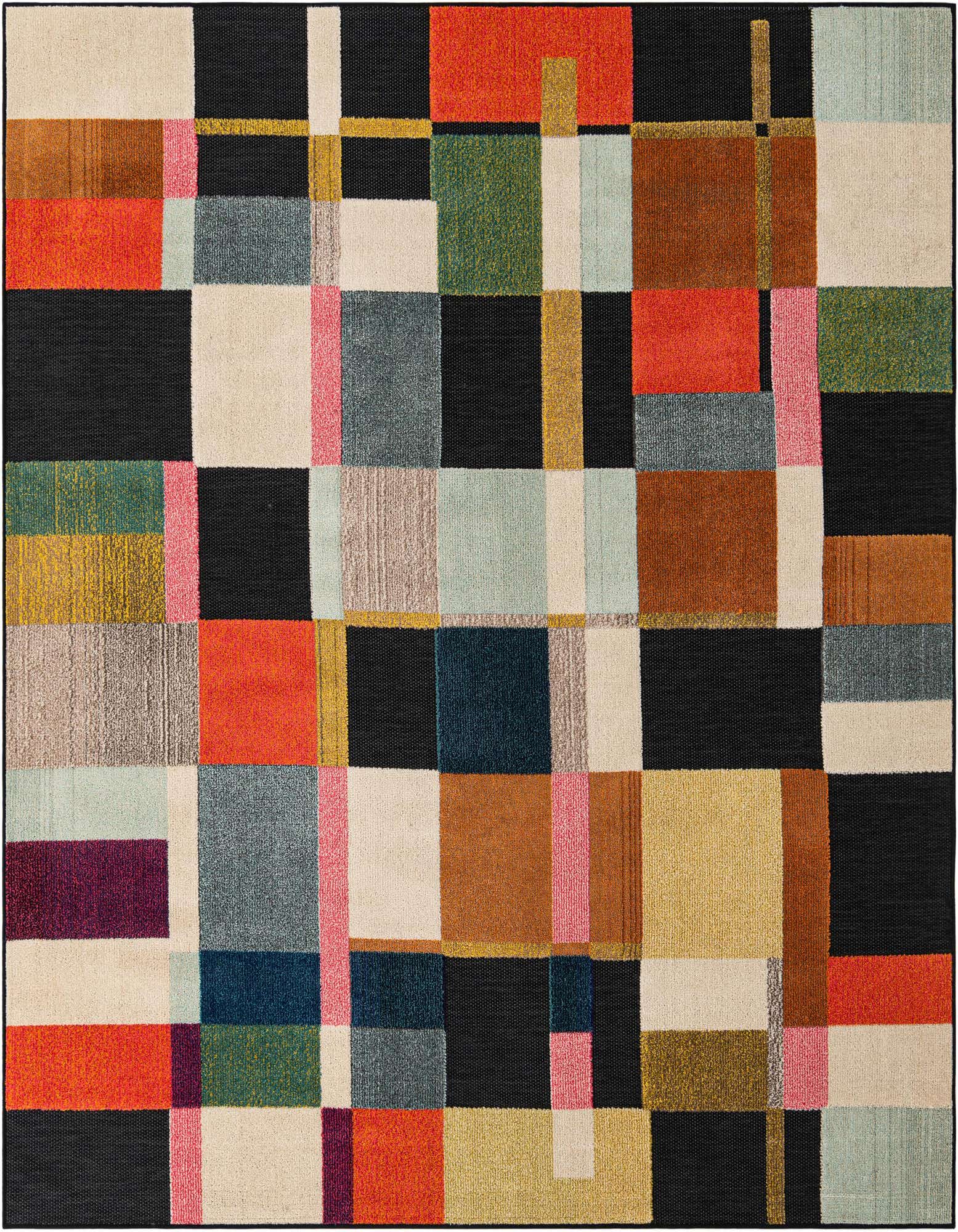A square, multi-colored modern rug featuring a geometric patchwork of black, orange, green, blue, brown, and cream blocks with thin pink and gold lines.