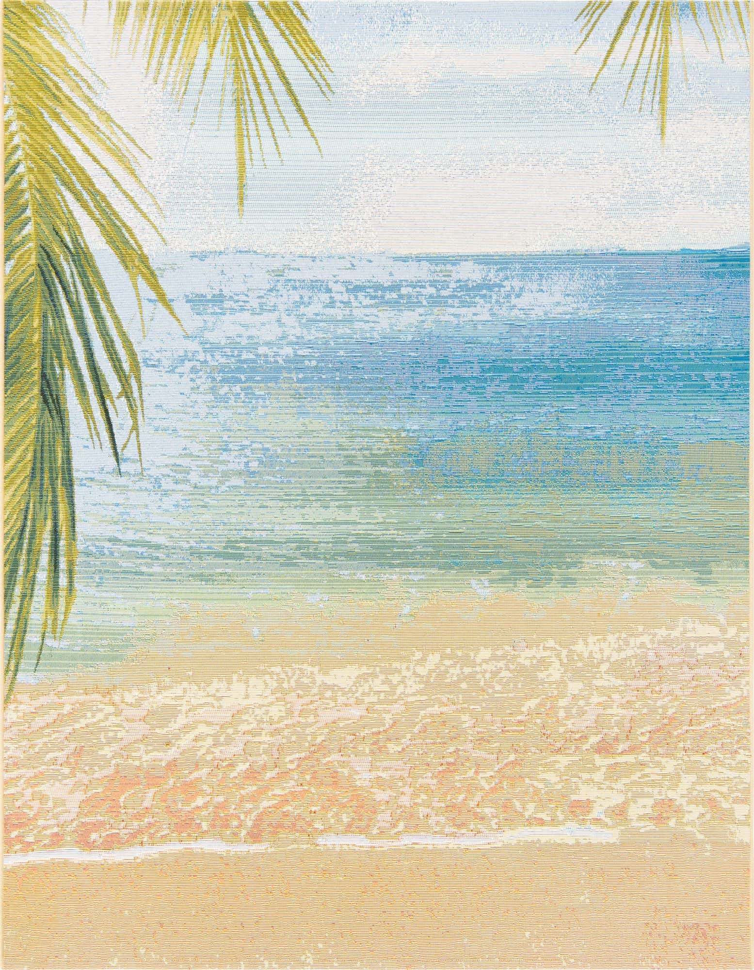A square indoor/outdoor rug featuring a vibrant tropical beach scene with palm fronds, blue ocean, and sandy shore.