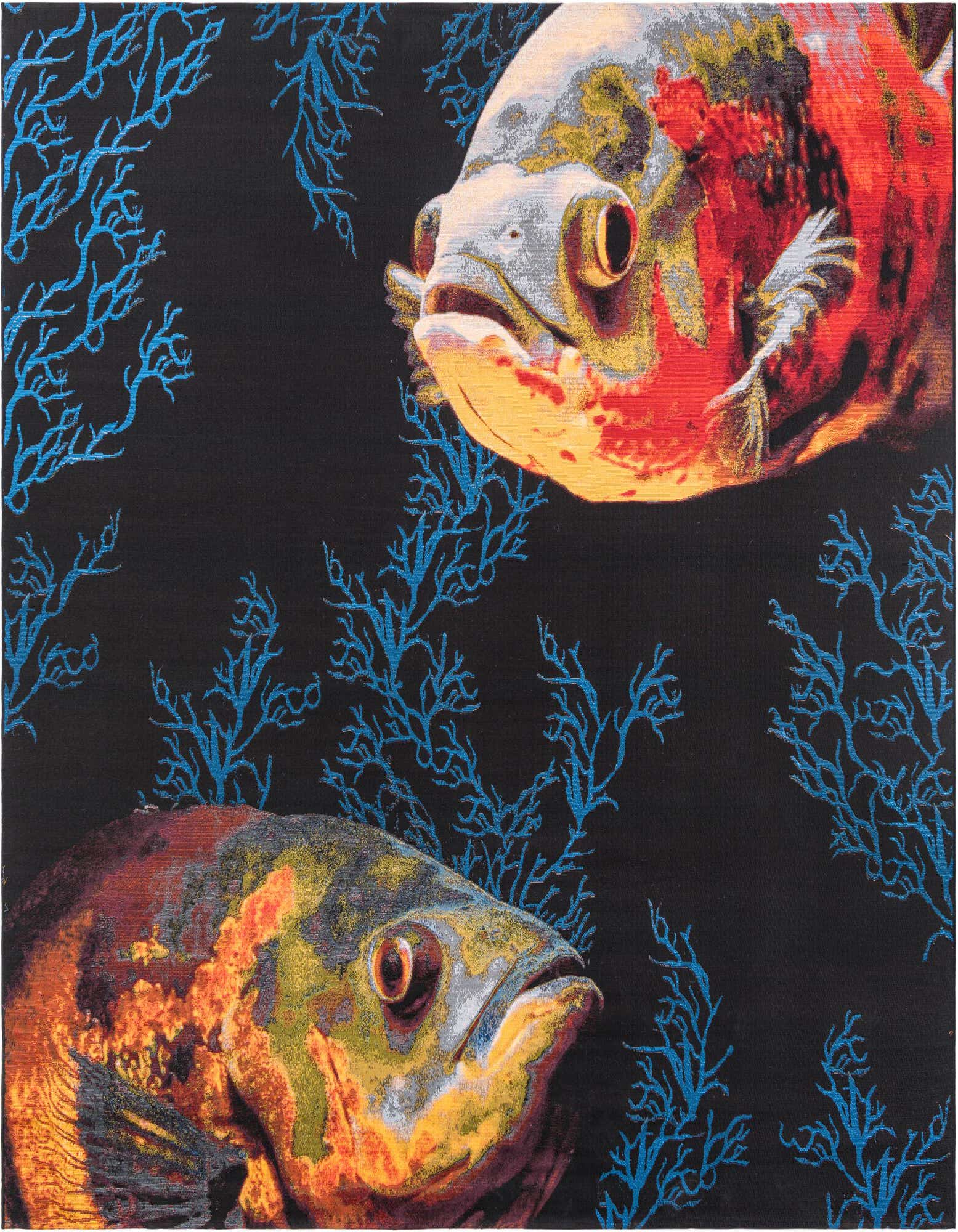 A square multi-colored rug featuring two vibrant fish, one red and one orange, on a black background with blue coral patterns, perfect for a patio.