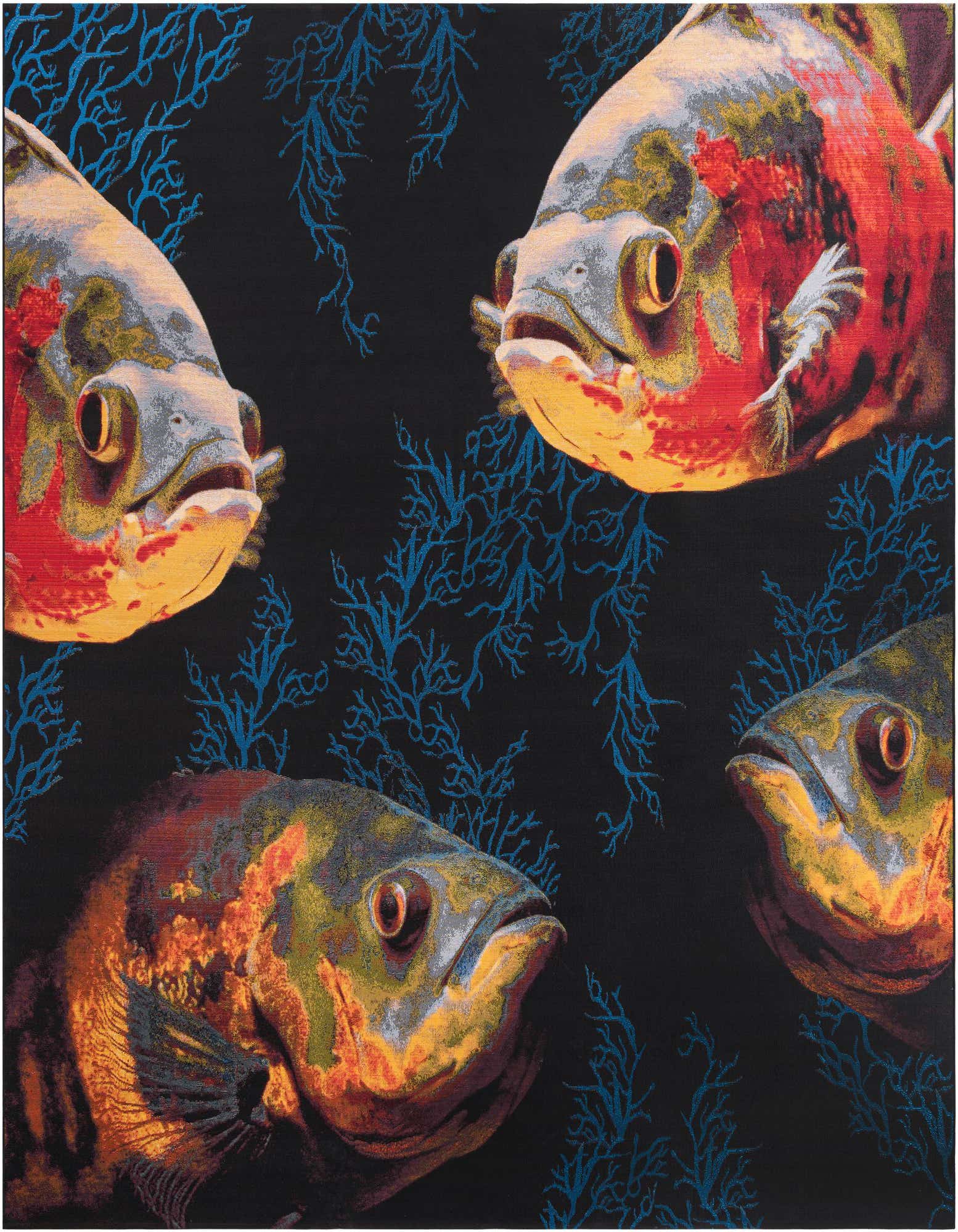 A vibrant 12' square multi-colored rug featuring four large, detailed fish against a black background with blue coral patterns.