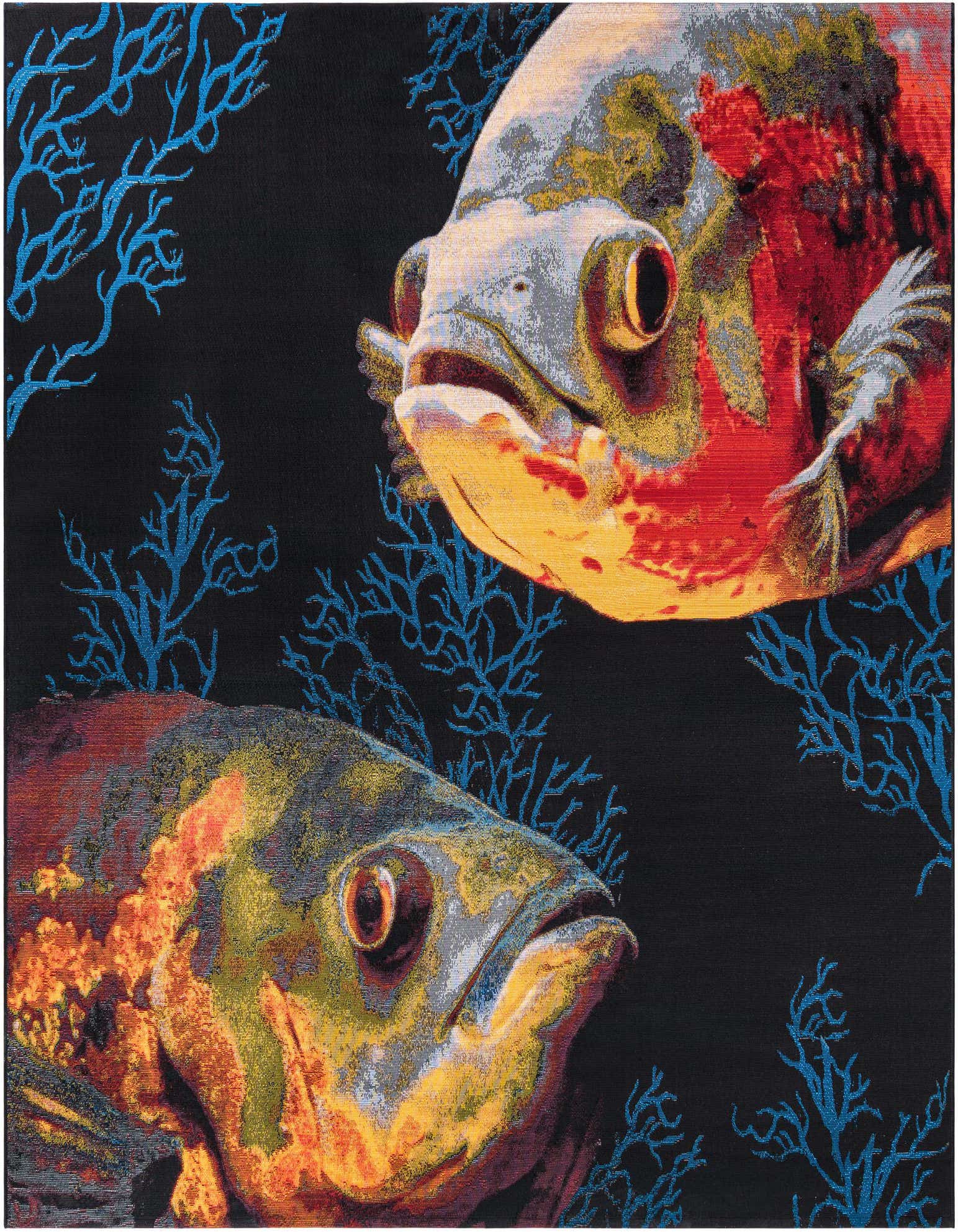 A vibrant square rug featuring two large, multi-colored fish against a black background with blue coral patterns.