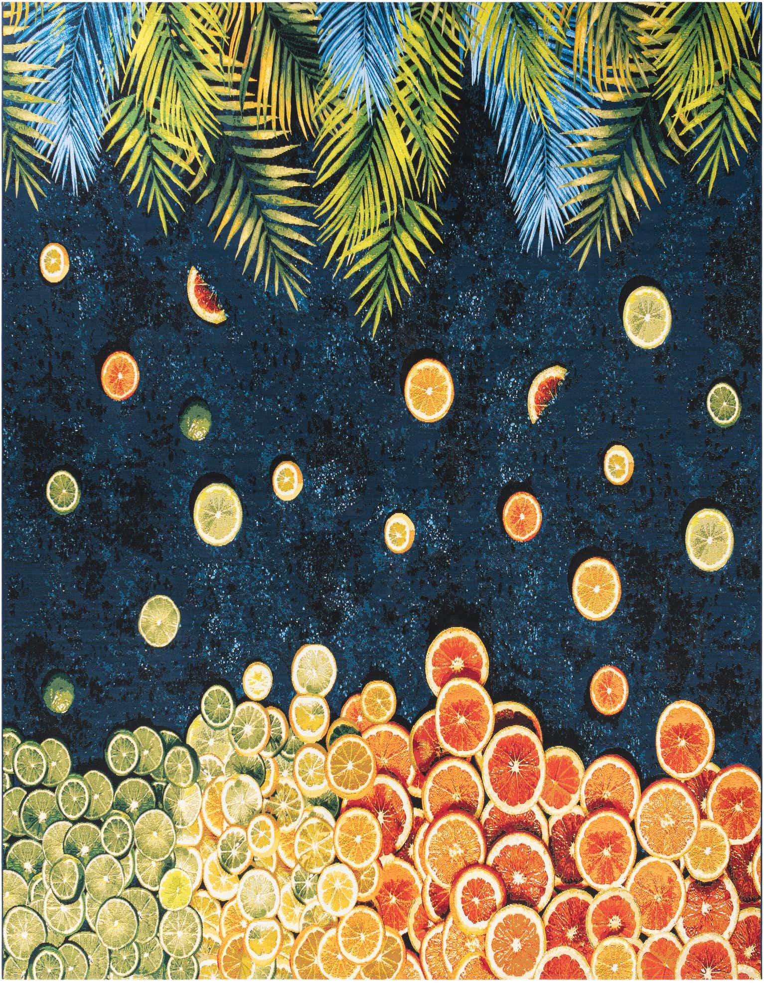 A vibrant 12'x12' square rug featuring a dark blue background with scattered citrus slices and palm fronds.