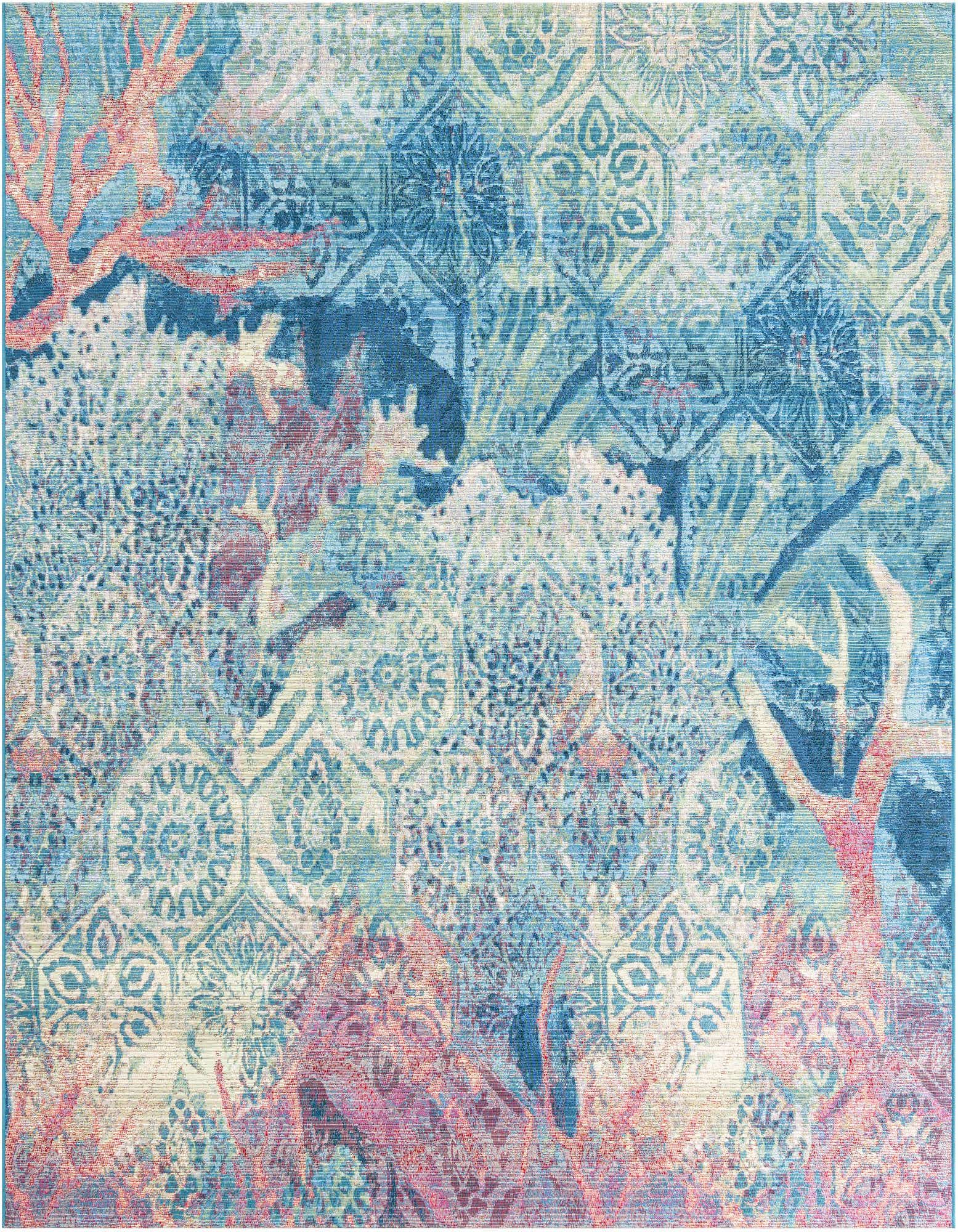 A square multi-colored indoor/outdoor rug featuring an abstract coastal design with coral and geometric patterns in shades of blue, teal, and pink.