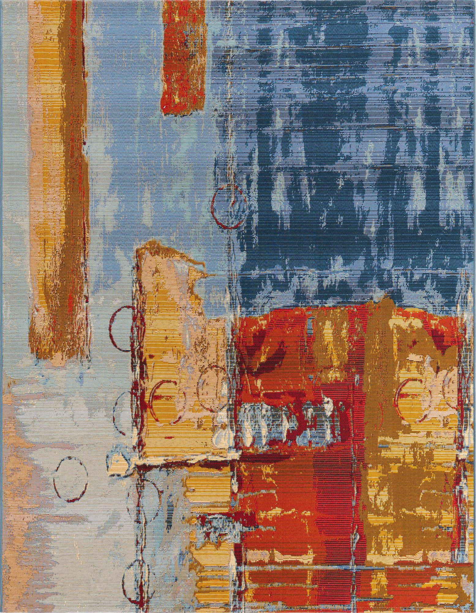 A multi-colored square rug with an abstract modern design featuring blocks of blue, red, gold, and brown, suitable for a patio.