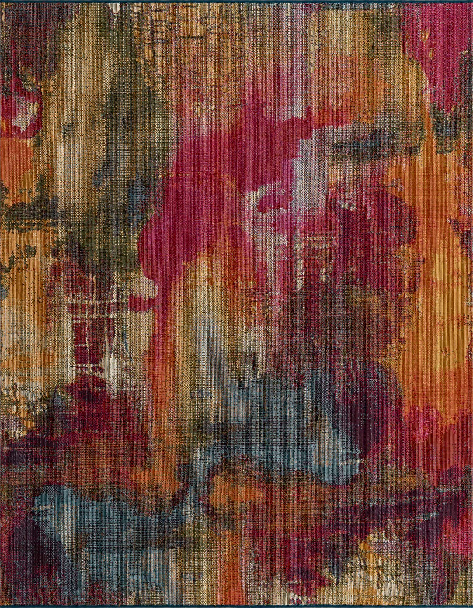 A 6'x6' multi-colored abstract square rug with vibrant reds, oranges, blues, and greens, suitable for a patio.