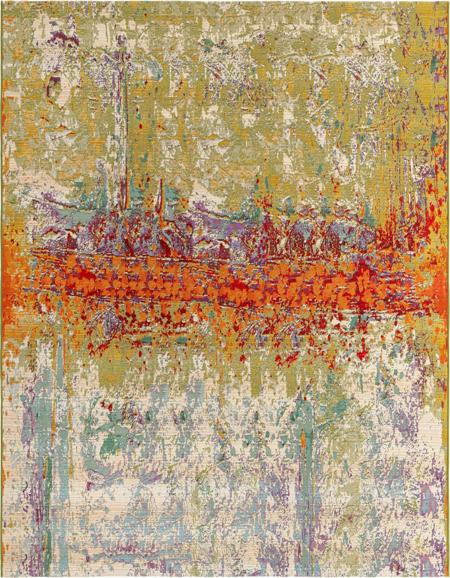 A vibrant multi-colored abstract square rug, featuring an orange horizontal stripe across a textured green, red, and purple background.