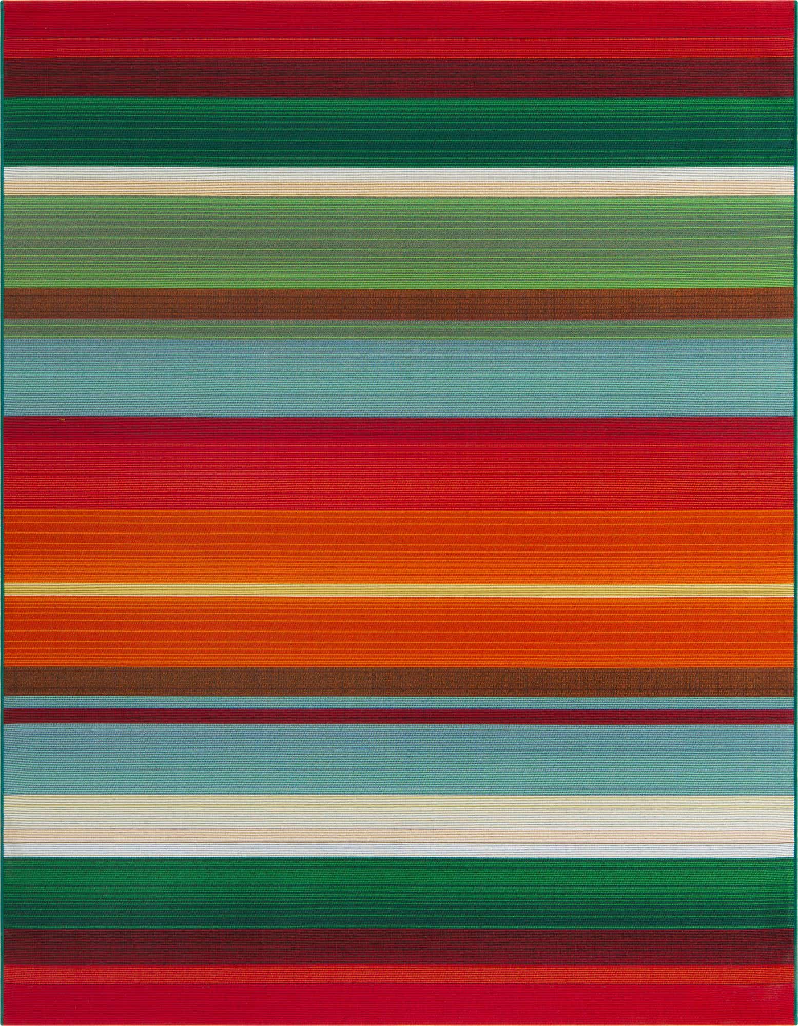 A vibrant 6x6 square multi-colored striped rug with red, orange, green, and blue bands, suitable for indoor or outdoor use.
