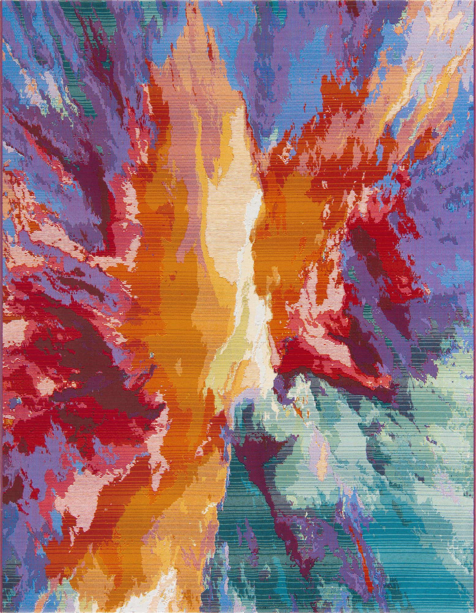 A vibrant multi-colored square rug featuring an abstract tropical and floral design with shades of orange, red, purple, blue, and green.