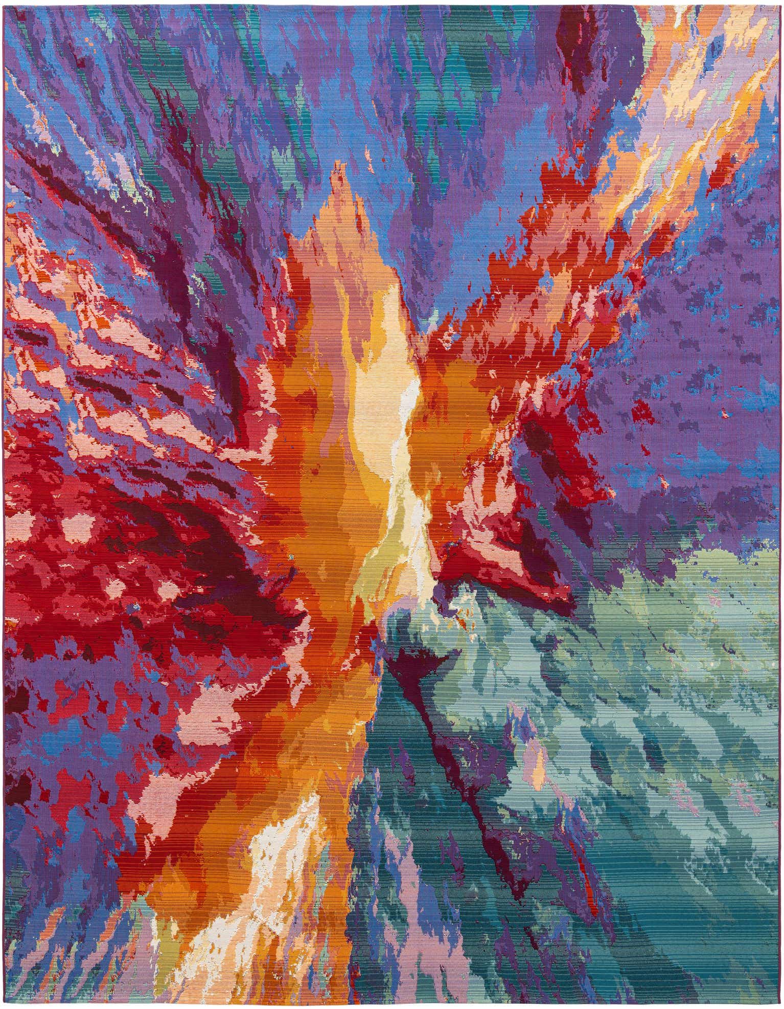 A vibrant 10' square abstract rug with a multi-colored design, featuring reds, oranges, purples, and blues, suitable for indoor or outdoor spaces.