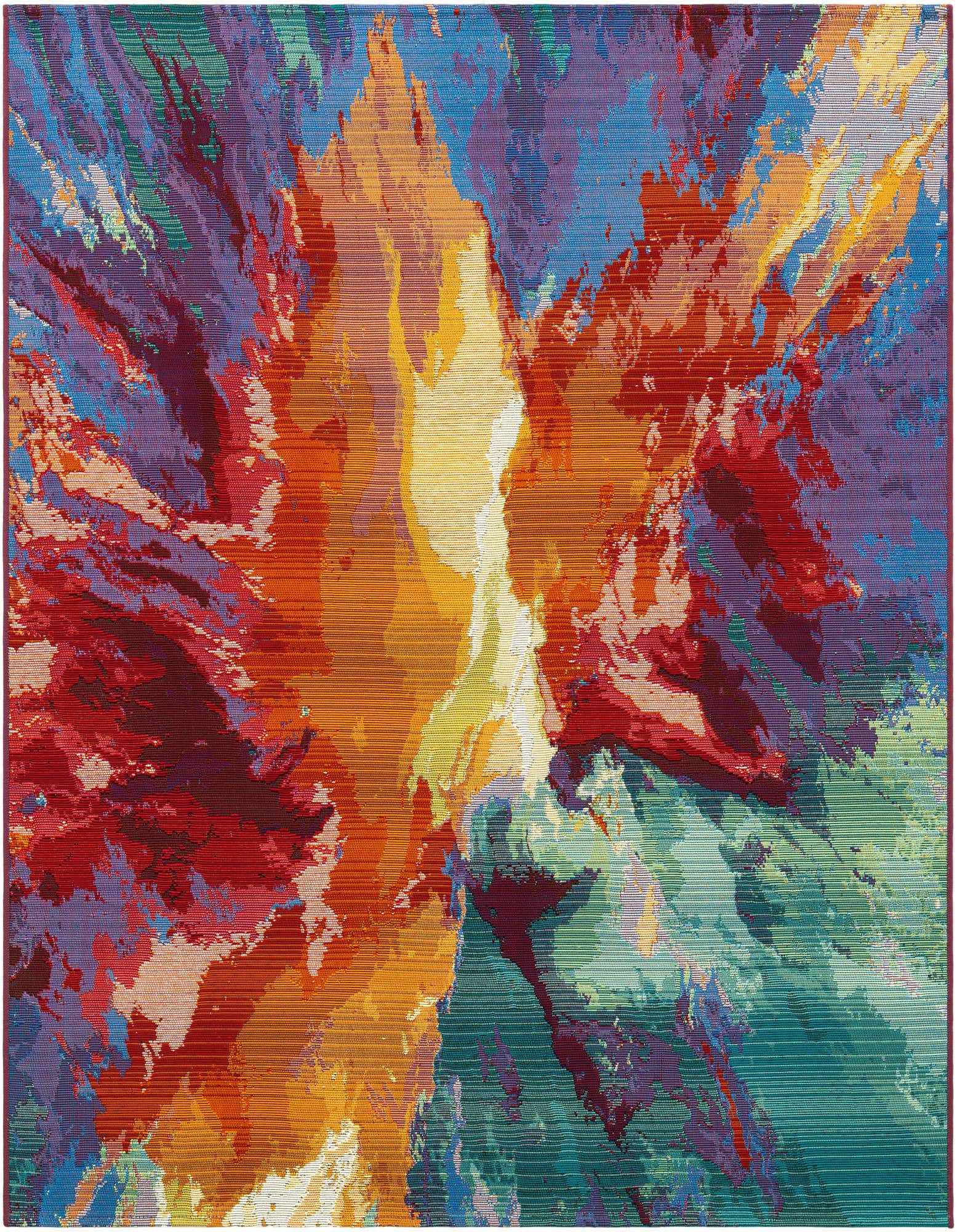 A vibrant 5' 3 x 5' 3 square rug with an abstract, multi-colored design in reds, oranges, blues, and purples, suitable for a patio.