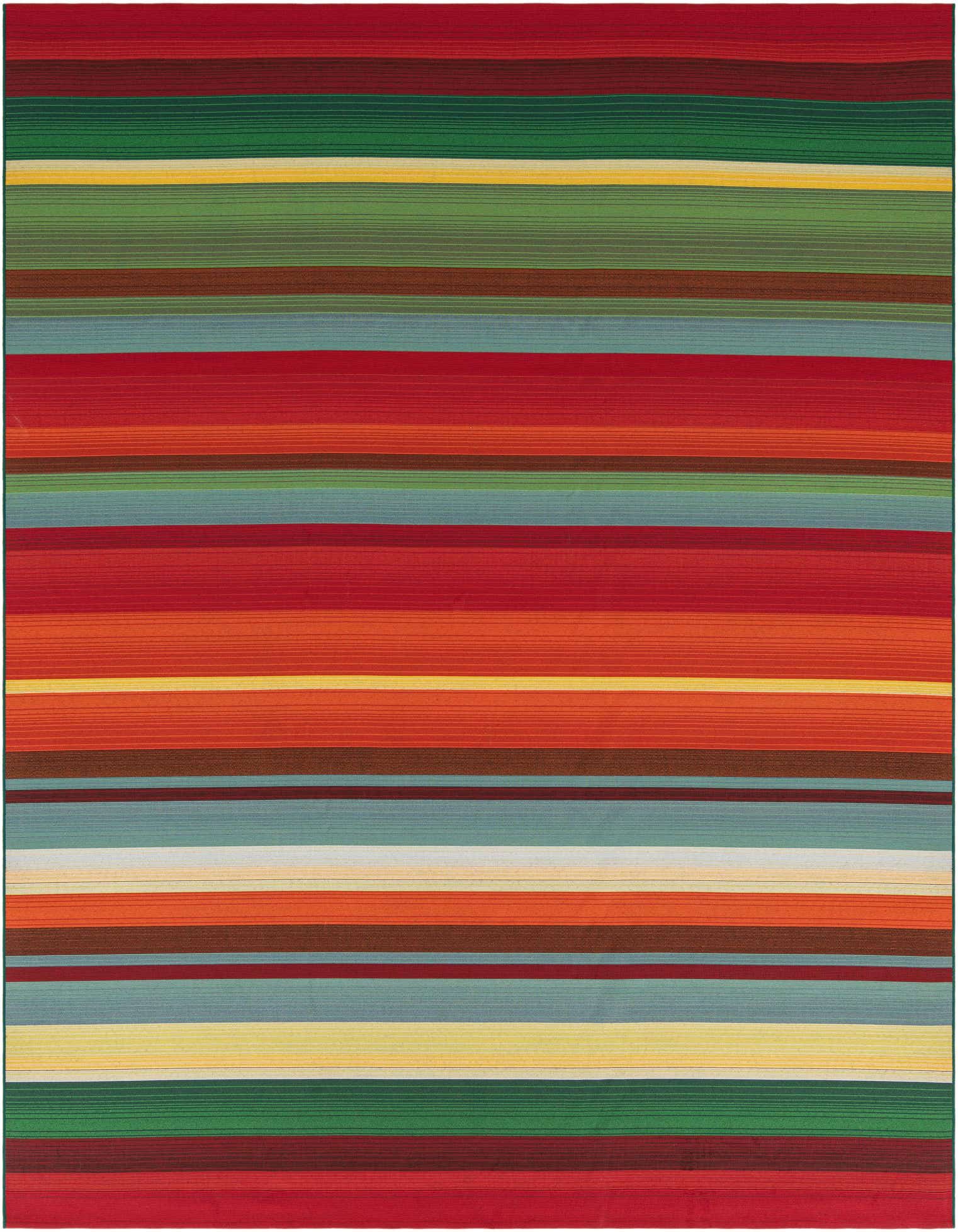 A vibrant multi-colored striped square rug, featuring bold bands of red, orange, green, blue, and yellow, suitable for a patio.