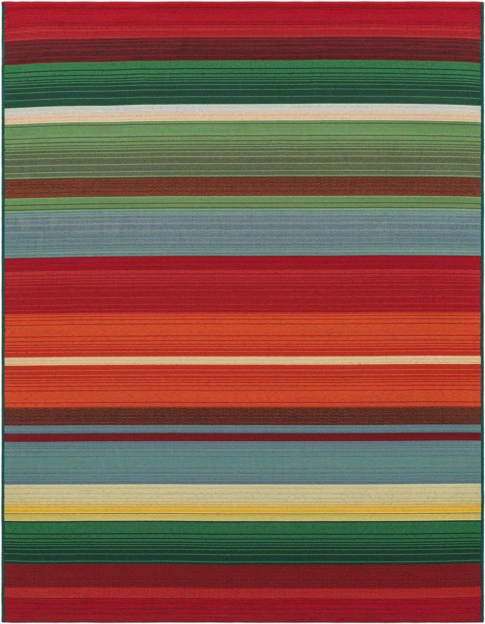 A 5' 3 x 5' 3 square multi-colored striped indoor/outdoor rug with vibrant red, orange, green, and blue hues.